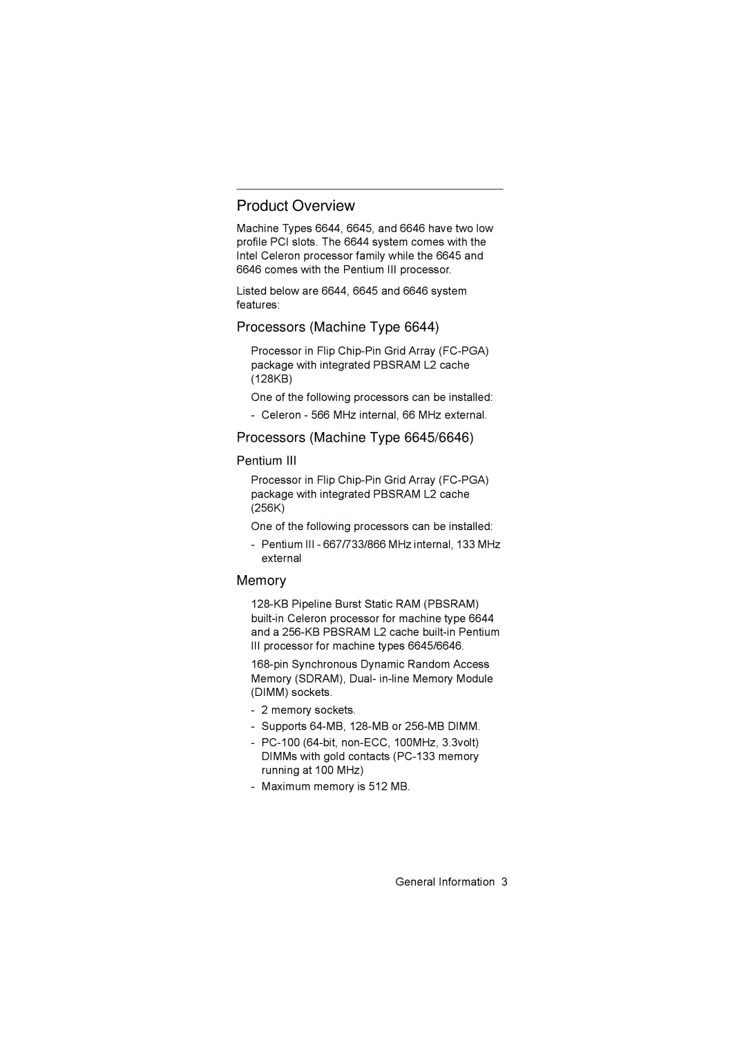 IBM 6644 manual Product Overview, Processors Machine Type 6645/6646, Memory, Pentium 