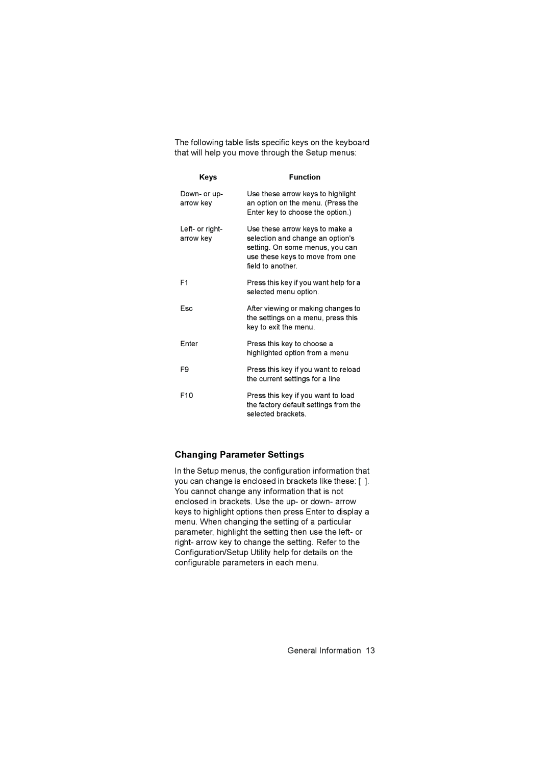 IBM 6645, 6644, 6646 manual Changing Parameter Settings, Keys Function 