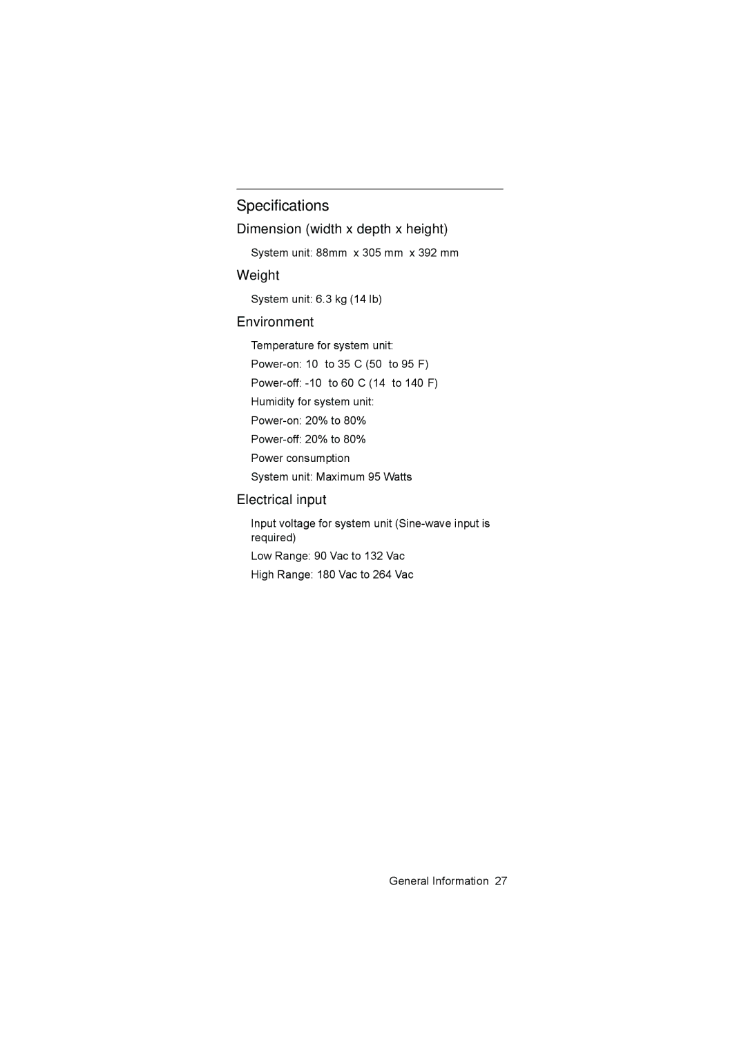 IBM 6646, 6645, 6644 manual Specifications, Dimension width x depth x height, Weight, Environment, Electrical input 