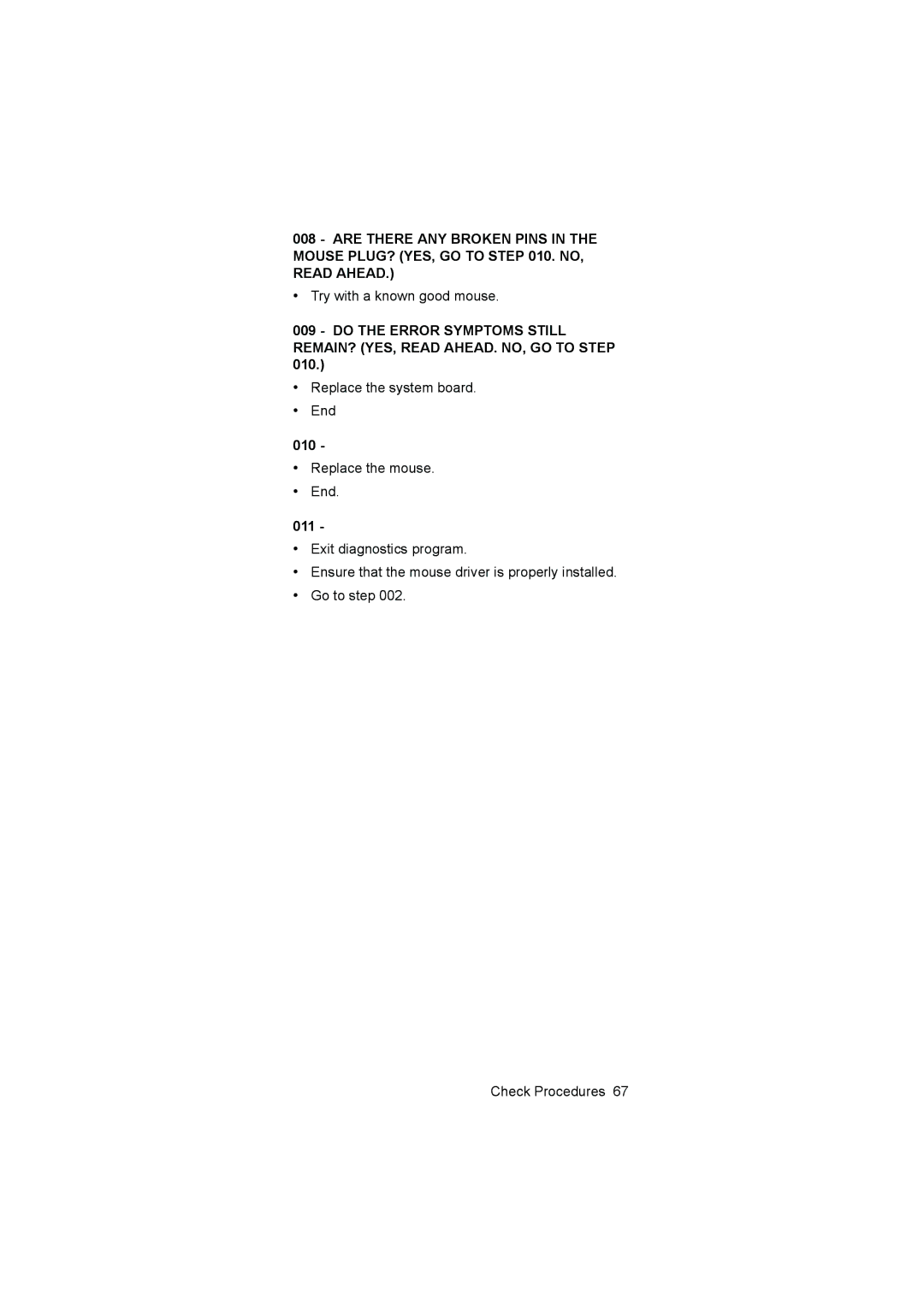 IBM 6645, 6644, 6646 manual Try with a known good mouse, 010, Replace the mouse End, 011 