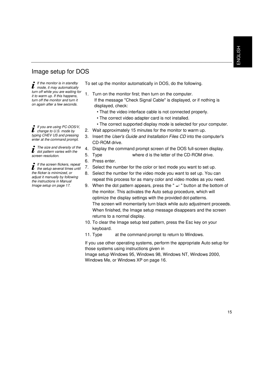 IBM 6734-AG9, 6734-AB9 manual Image setup for DOS, If the monitor is in standby mode, it may automatically 