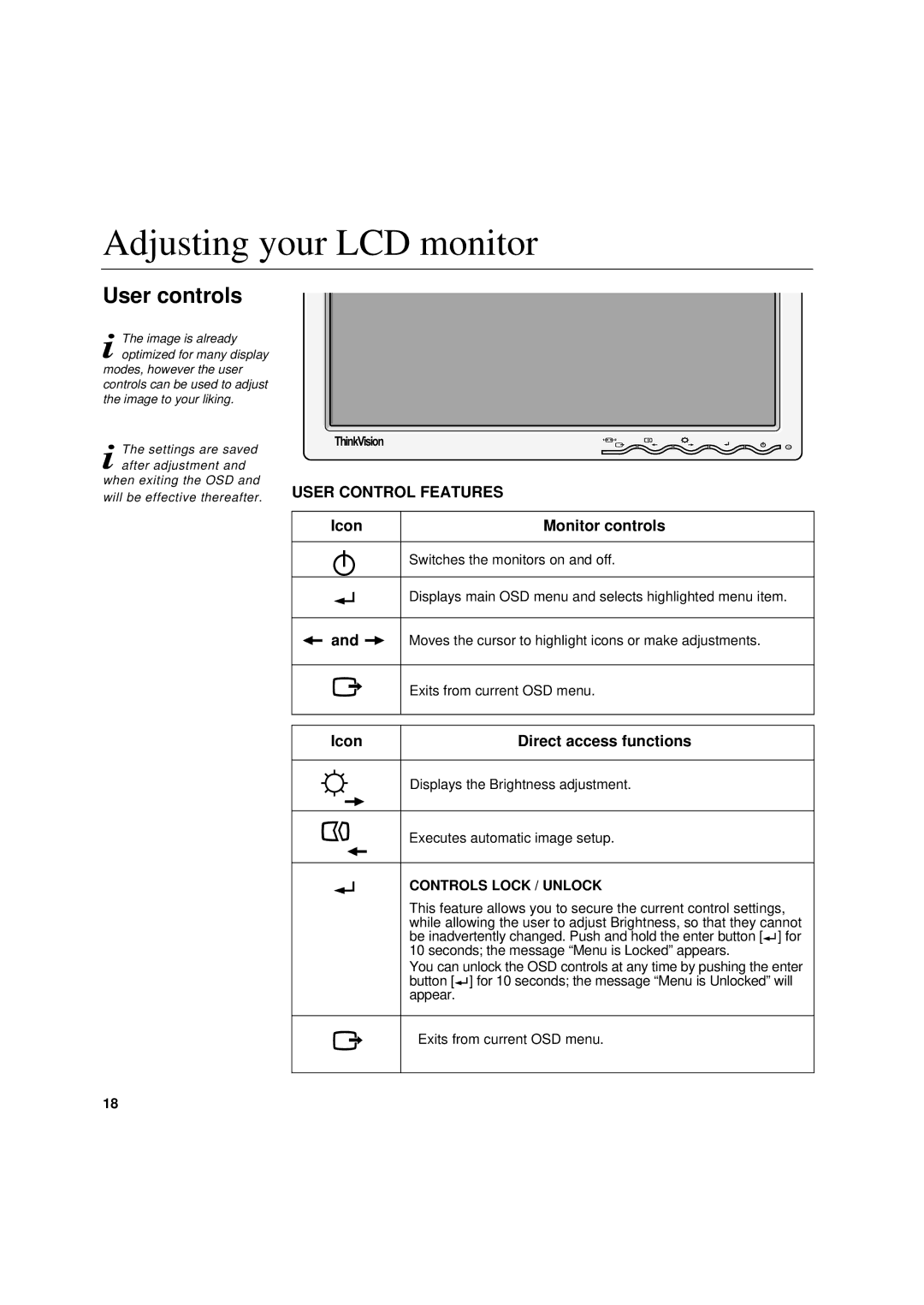 IBM 6734-AB9, 6734-AG9 manual Adjusting your LCD monitor, User controls, Icon Monitor controls, Icon Direct access functions 