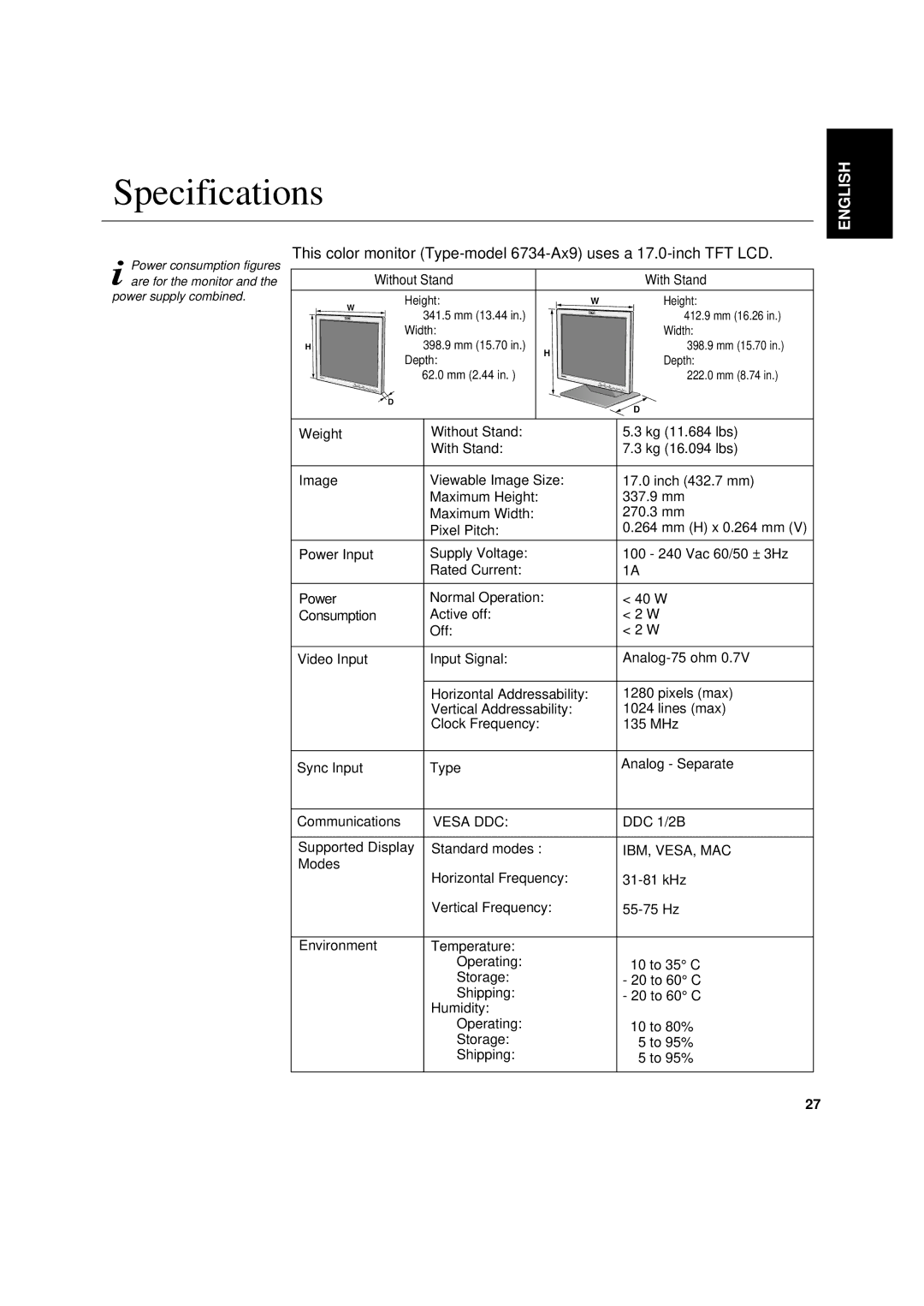 IBM 6734-AG9, 6734-AB9 manual Specifications, Without Stand With Stand 