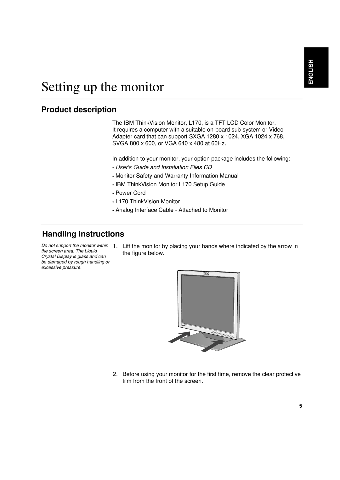 IBM 6734-AG9, 6734-AB9 manual Setting up the monitor, Product description, Handling instructions 