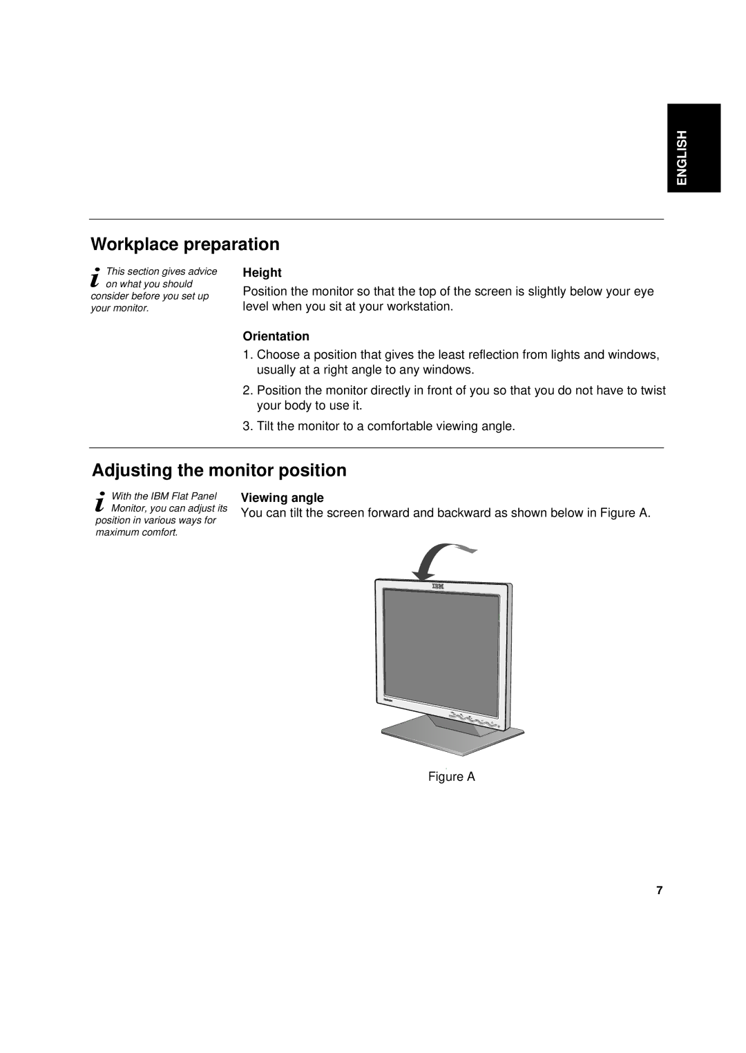 IBM 6734-AG9, 6734-AB9 manual Workplace preparation, Adjusting the monitor position, Height, Orientation, Viewing angle 