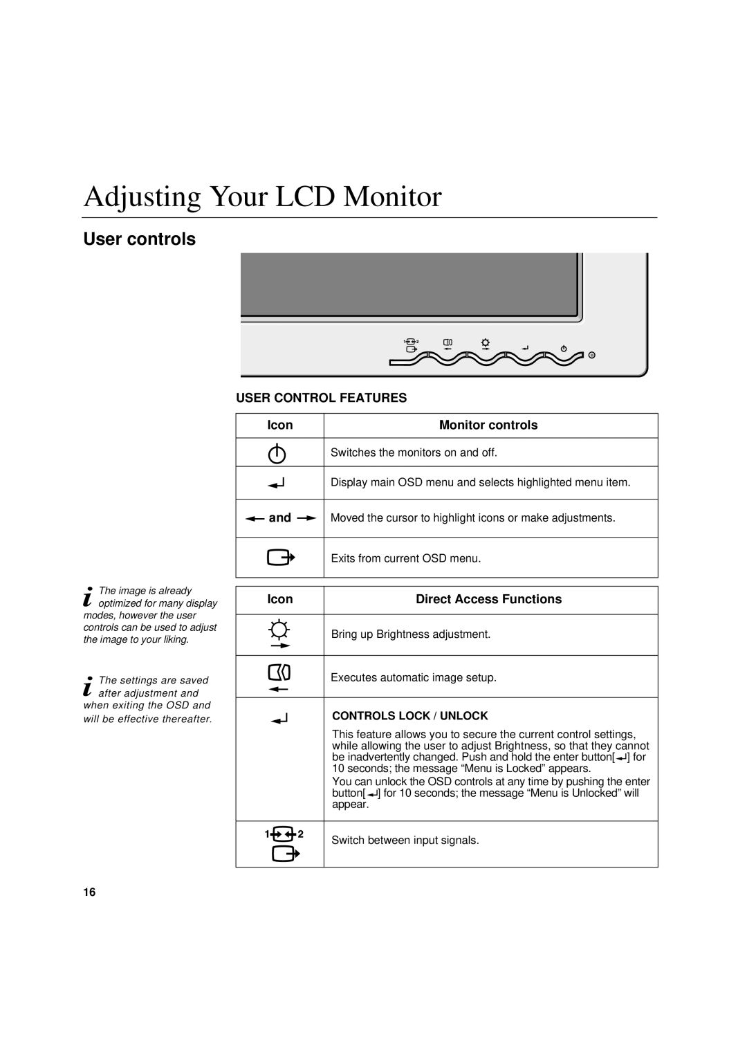 IBM 6736-HB0 manual Adjusting Your LCD Monitor, User controls, Icon Monitor controls, Icon Direct Access Functions 