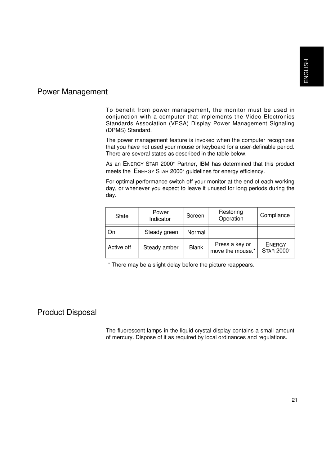 IBM 6736-HB0 manual Power Management, Product Disposal, Move the mouse TAR 