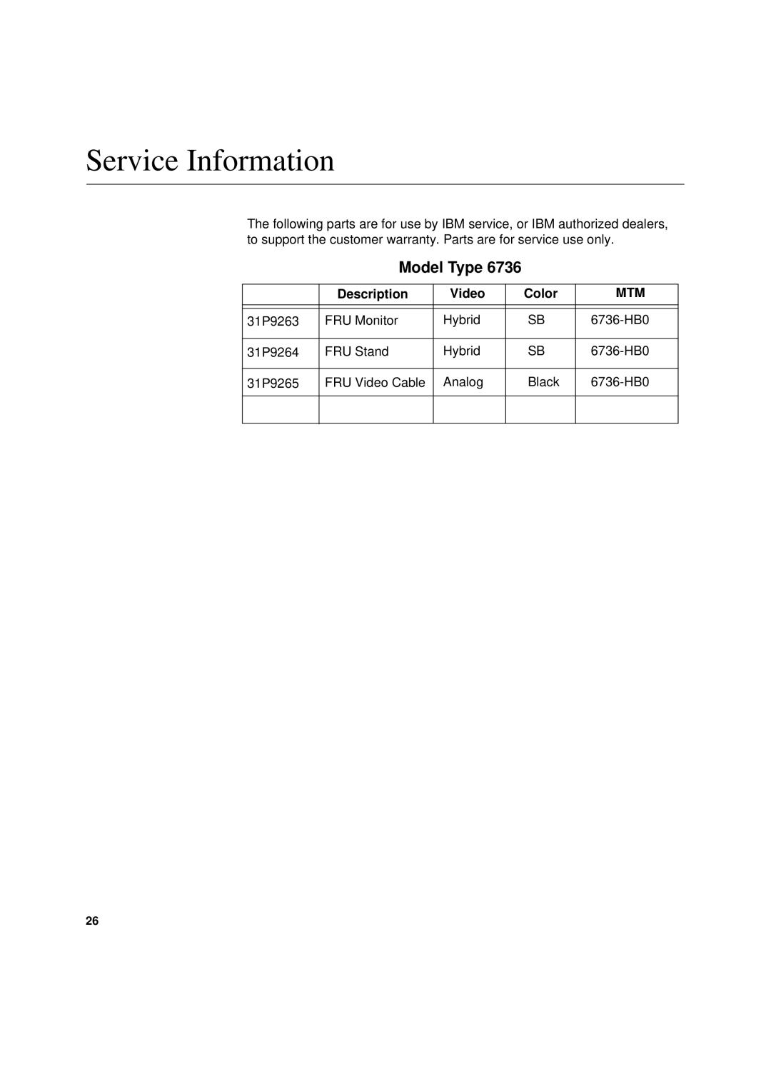 IBM 6736-HB0 manual Service Information, Description Video Color 