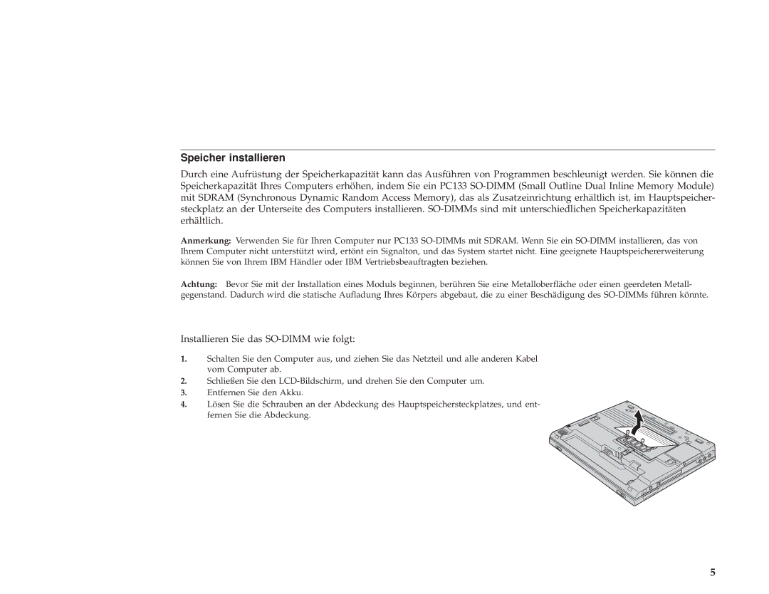 IBM 67P4579 manual Speicher installieren, Installieren Sie das SO-DIMM wie folgt 