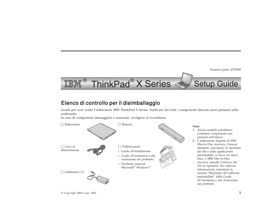 IBM 67P4580 setup guide Elenco di controllo per il disimballaggio 