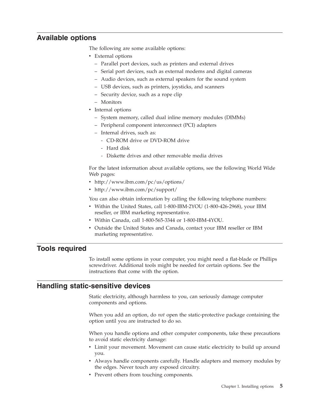 IBM 2289, 6824 manual Available options, Tools required, Handling static-sensitive devices 