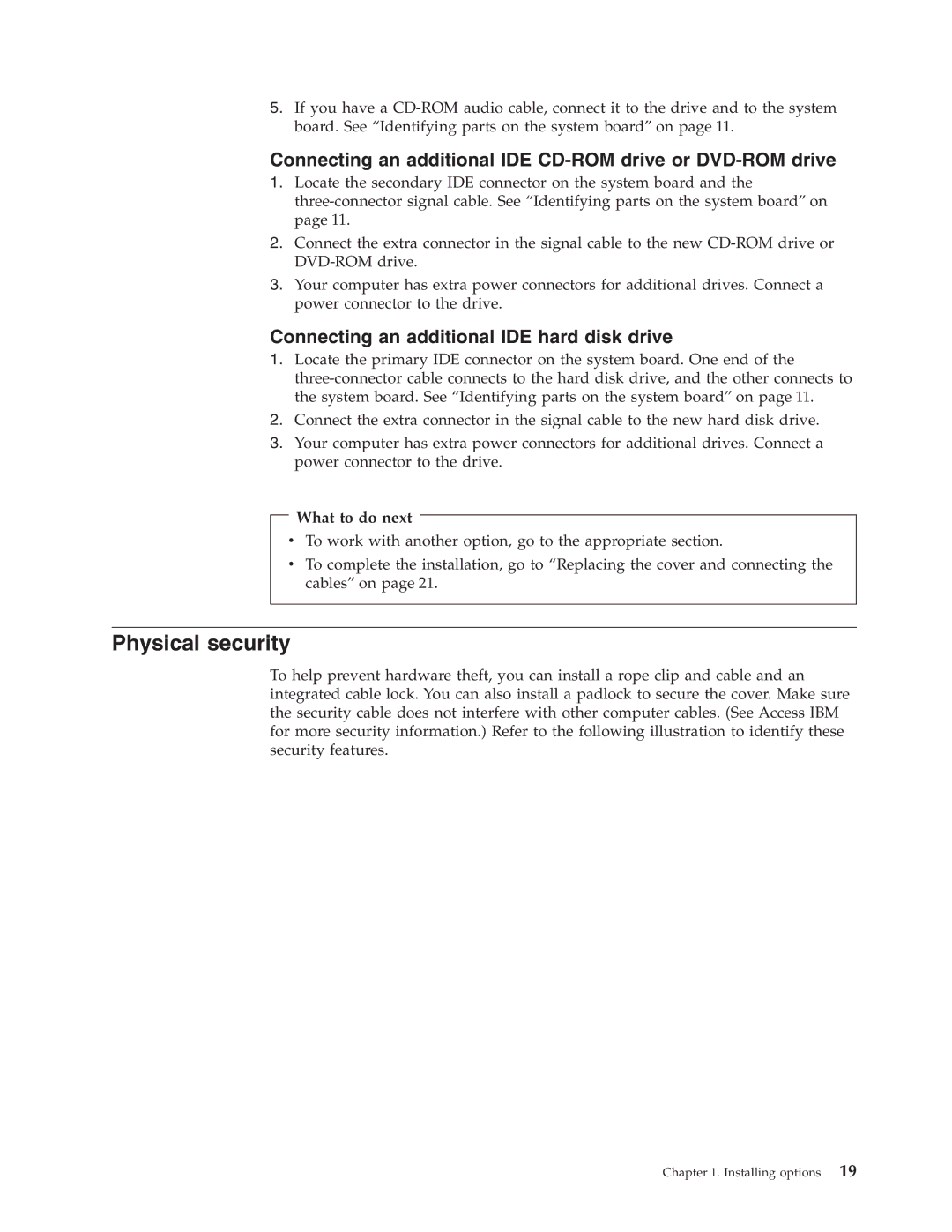 IBM 2289, 6824 manual Physical security, Connecting an additional IDE CD-ROM drive or DVD-ROM drive 