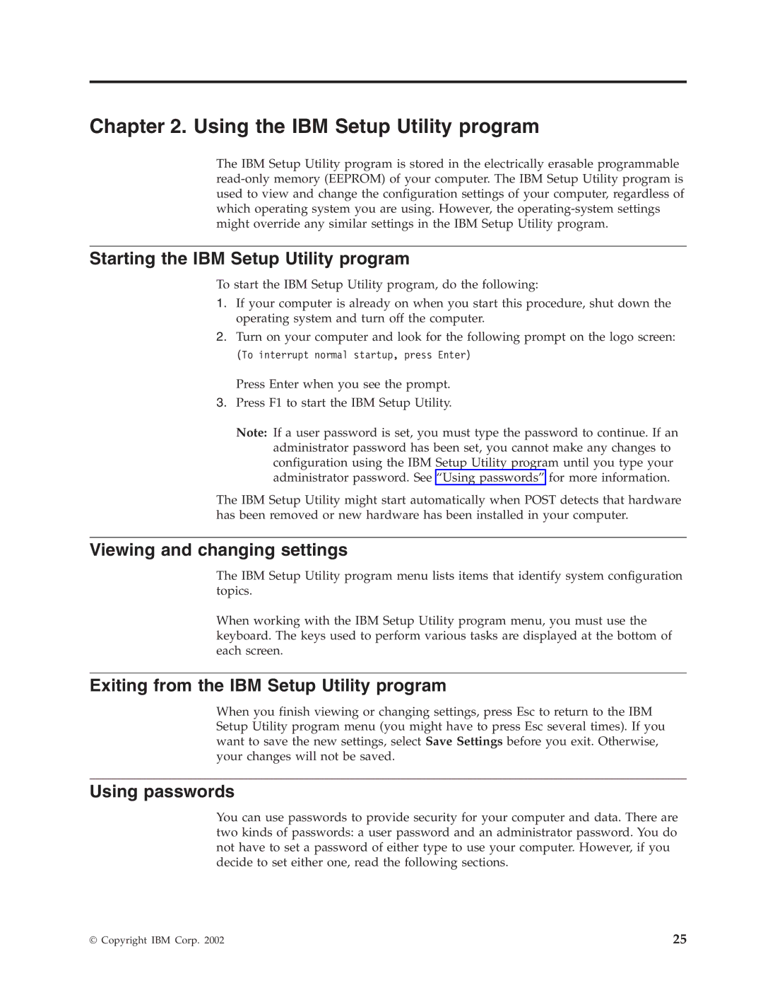 IBM 2289, 6824 Using the IBM Setup Utility program, Starting the IBM Setup Utility program, Viewing and changing settings 