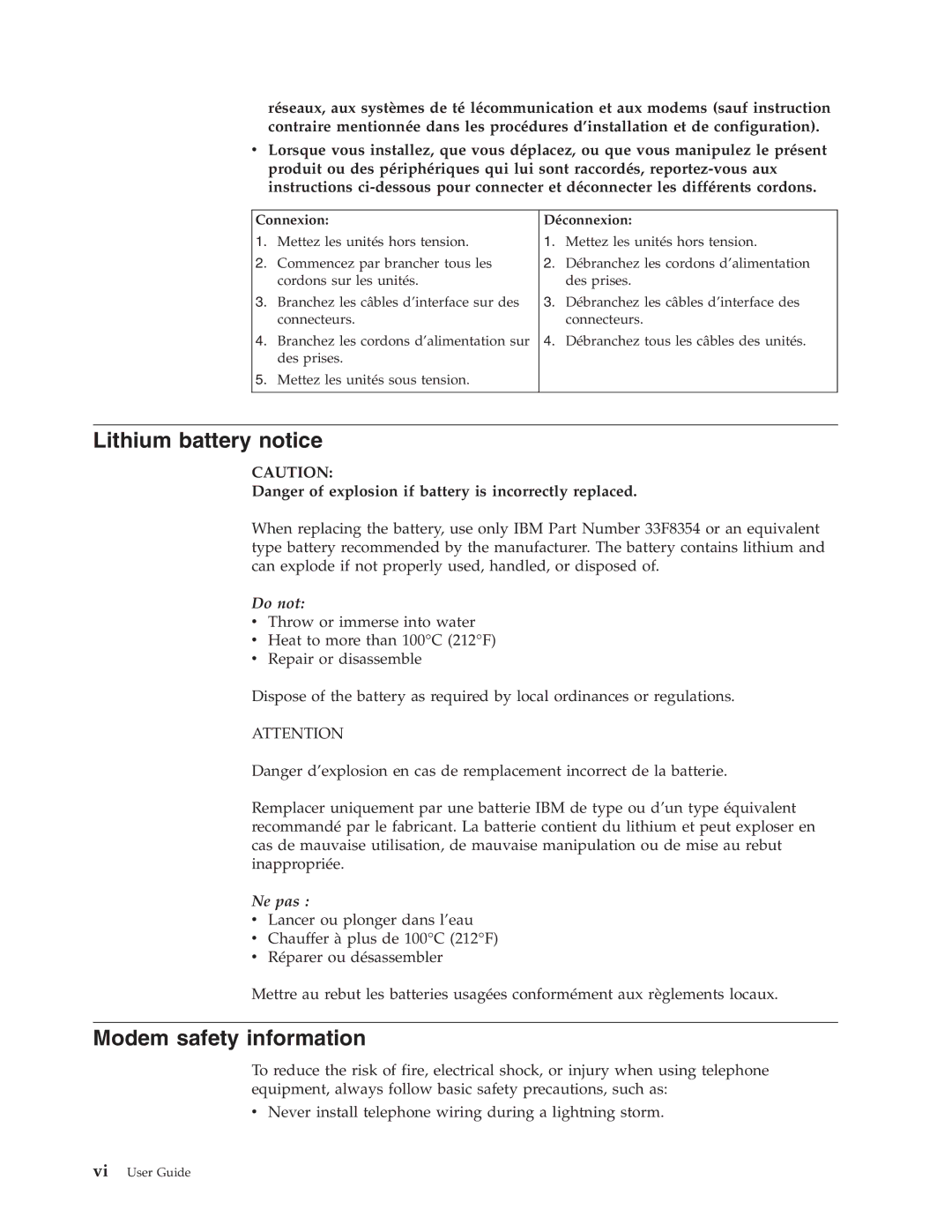 IBM 6824, 2289 manual Lithium battery notice, Modem safety information, Connexion Déconnexion 