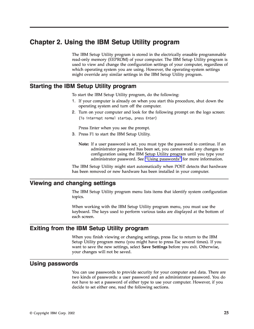 IBM 2289, 6824 Using the IBM Setup Utility program, Starting the IBM Setup Utility program, Viewing and changing settings 