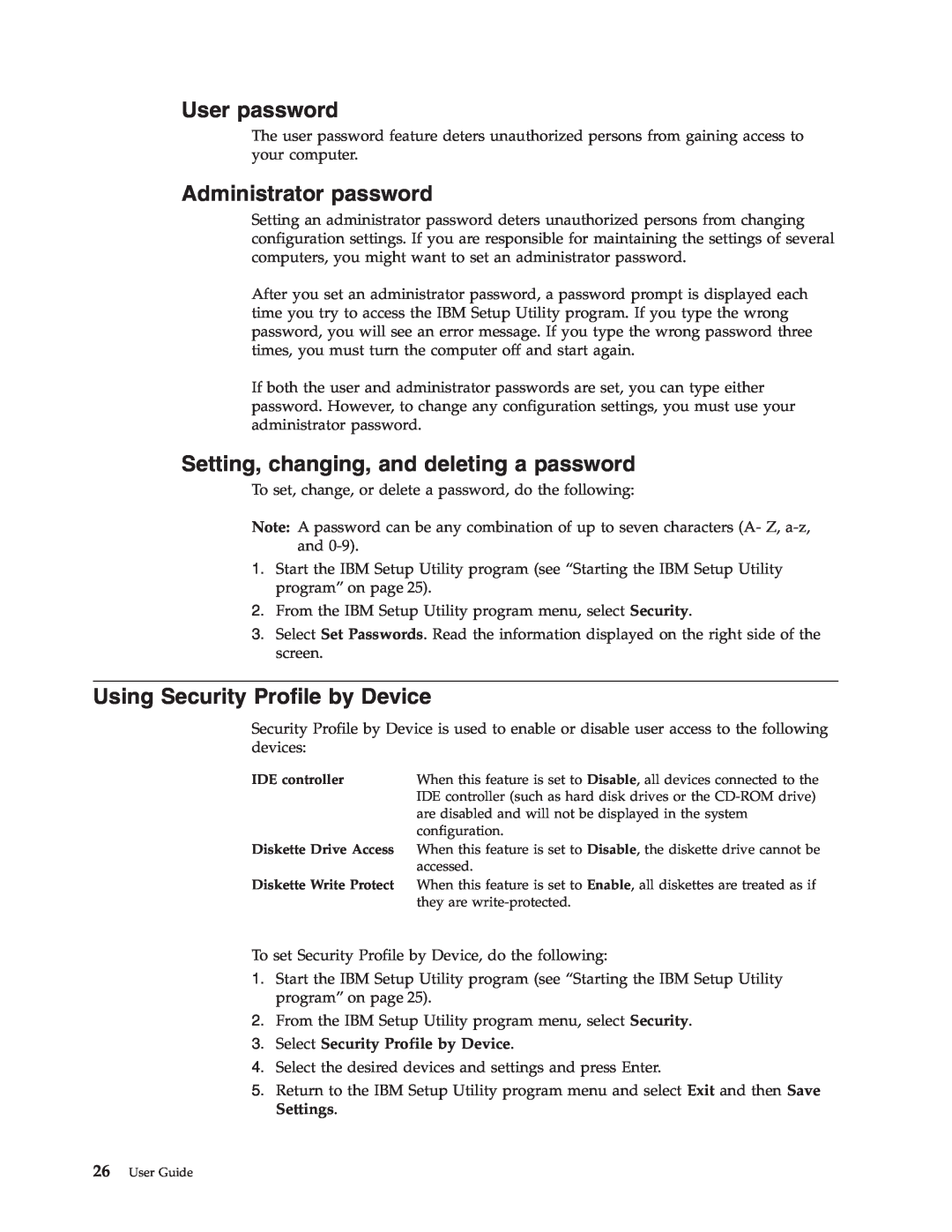 IBM 6824, 2289 manual User password, Administrator password, Setting, changing, and deleting a password 