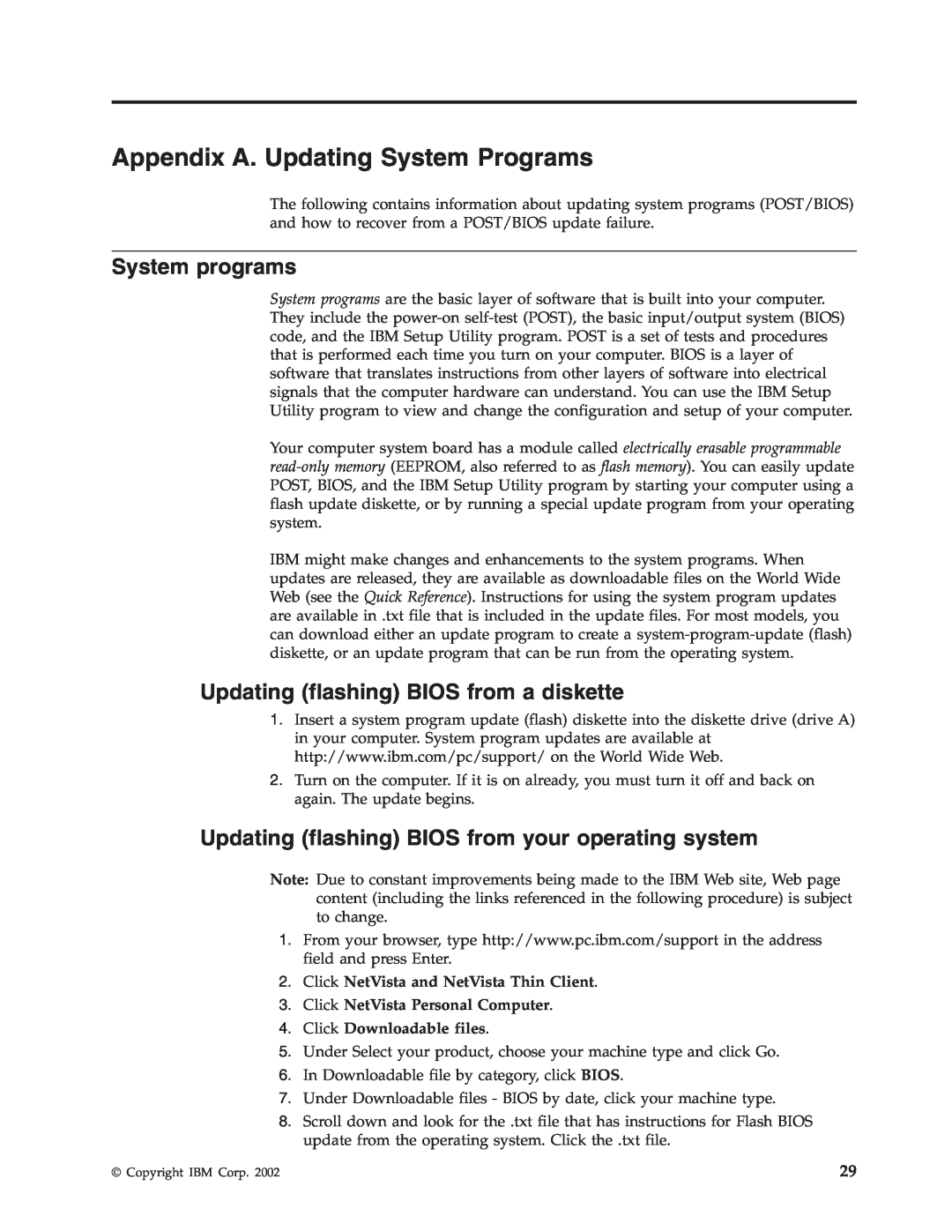 IBM 2289, 6824 manual Appendix A. Updating System Programs, System programs, Updating flashing BIOS from a diskette 
