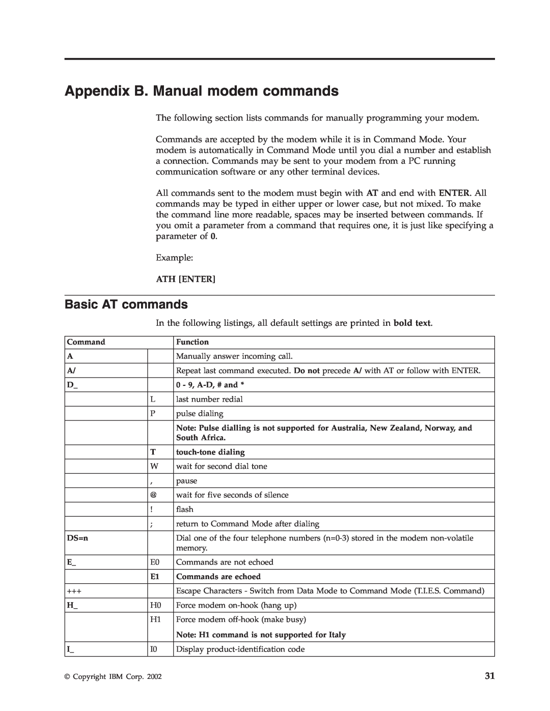 IBM 2289, 6824 manual Appendix B. Manual modem commands, Basic AT commands, Ath Enter 
