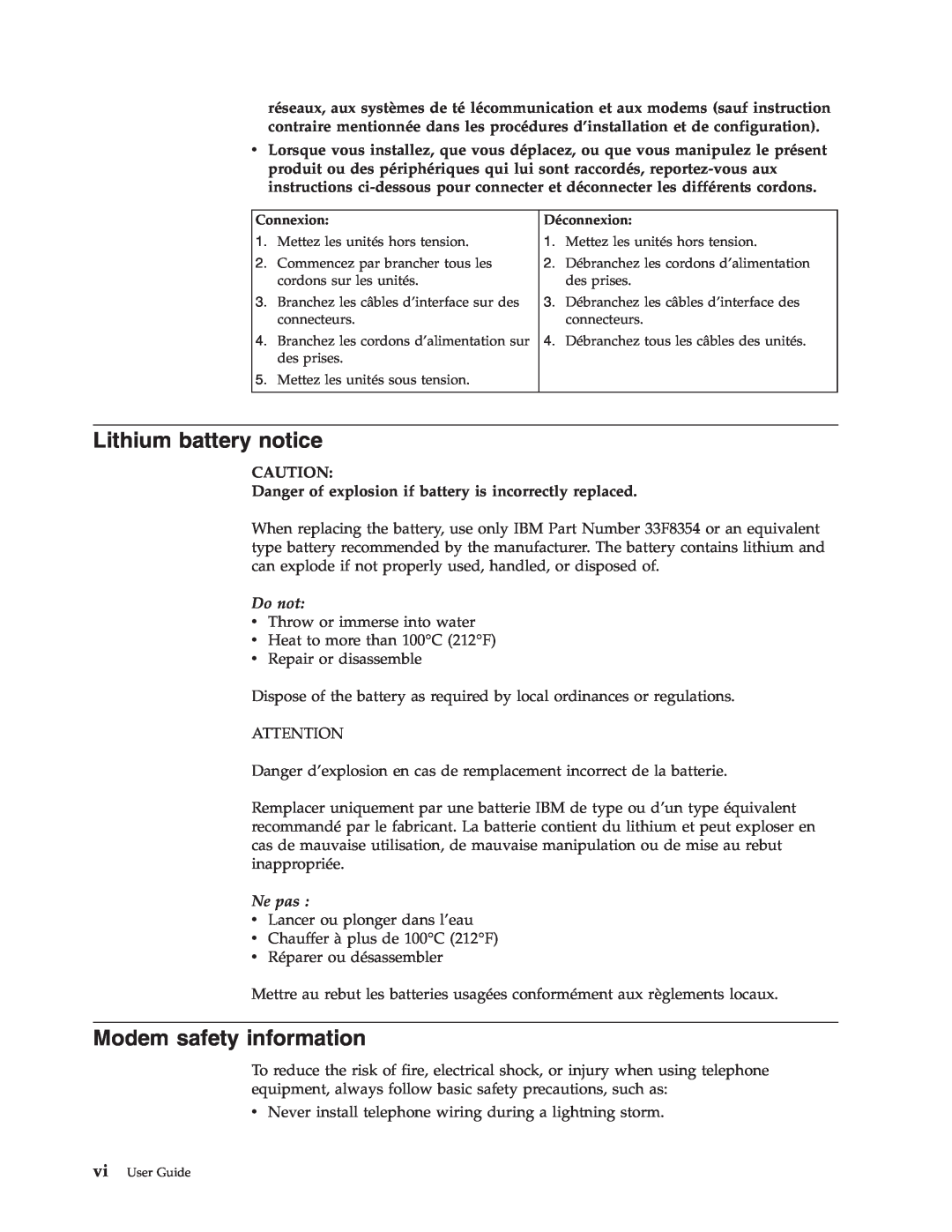IBM 6824 Lithium battery notice, Modem safety information, Danger of explosion if battery is incorrectly replaced, Do not 