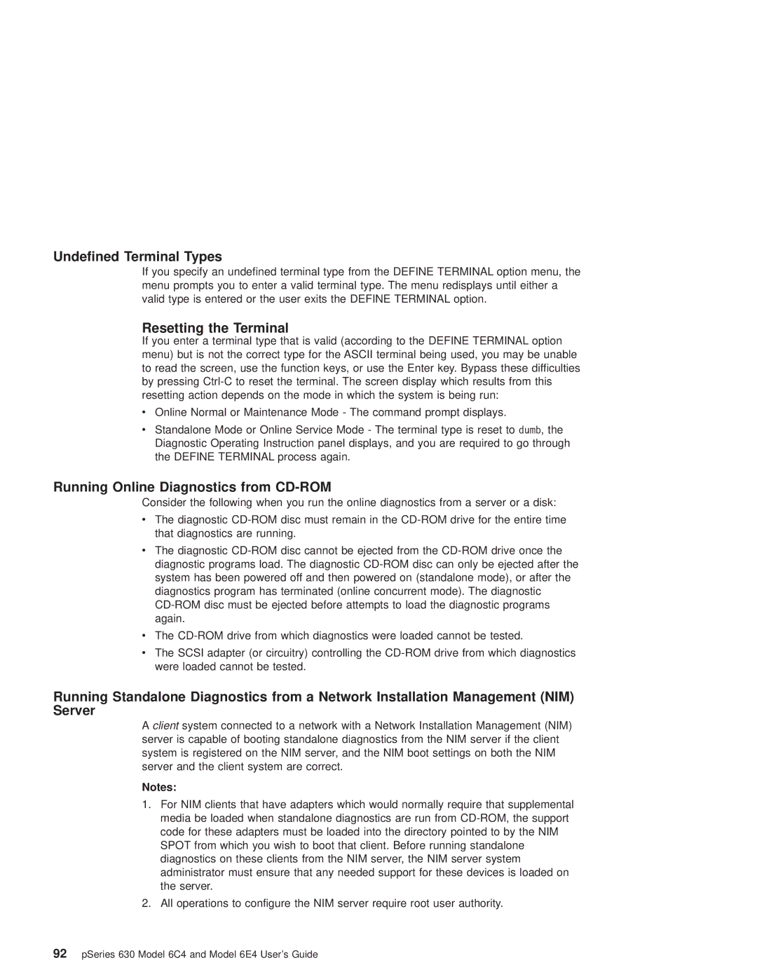 IBM 6C4, 6.00E+04 manual Undefined Terminal Types, Resetting the Terminal, Running Online Diagnostics from CD-ROM 