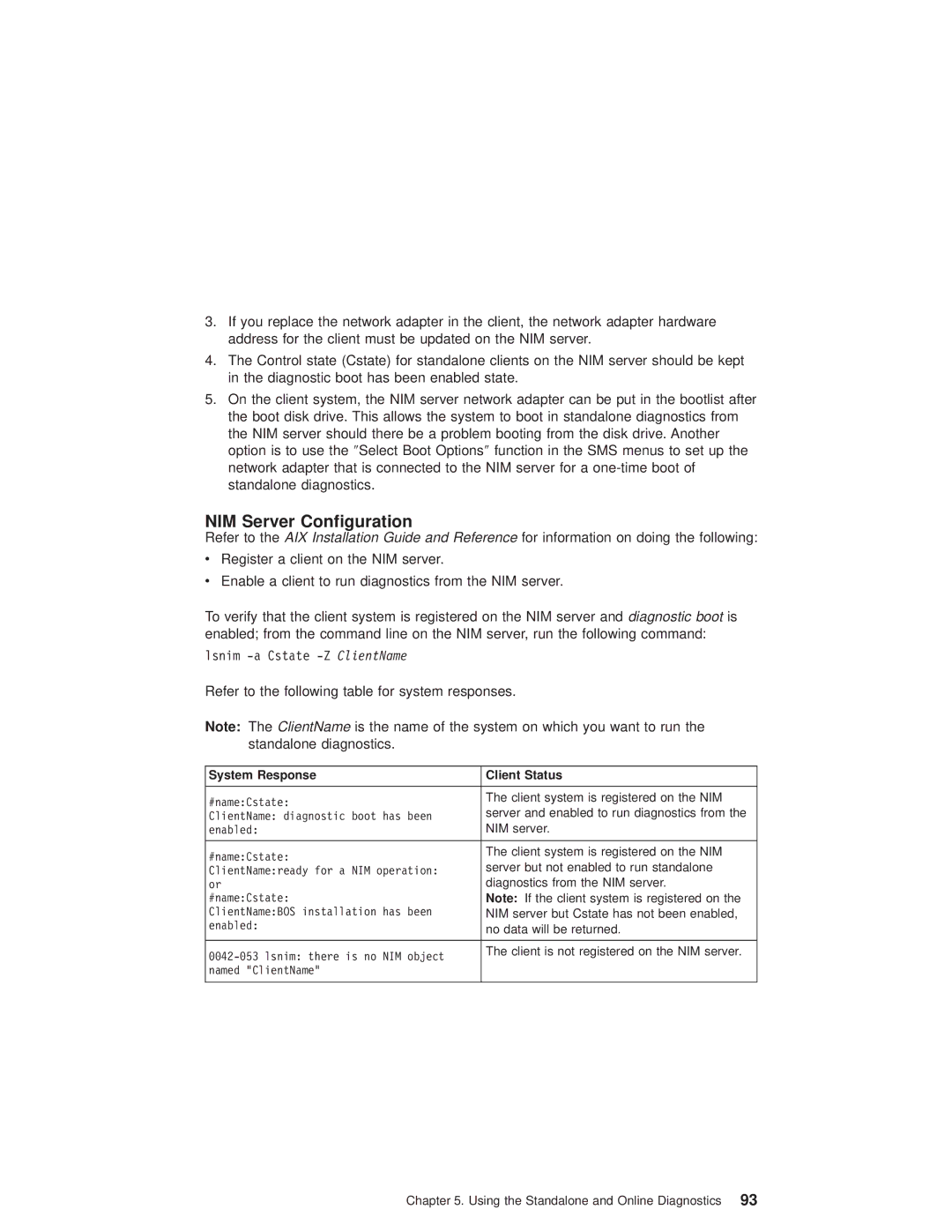 IBM 6.00E+04, 6C4 manual NIM Server Configuration, System Response Client Status 