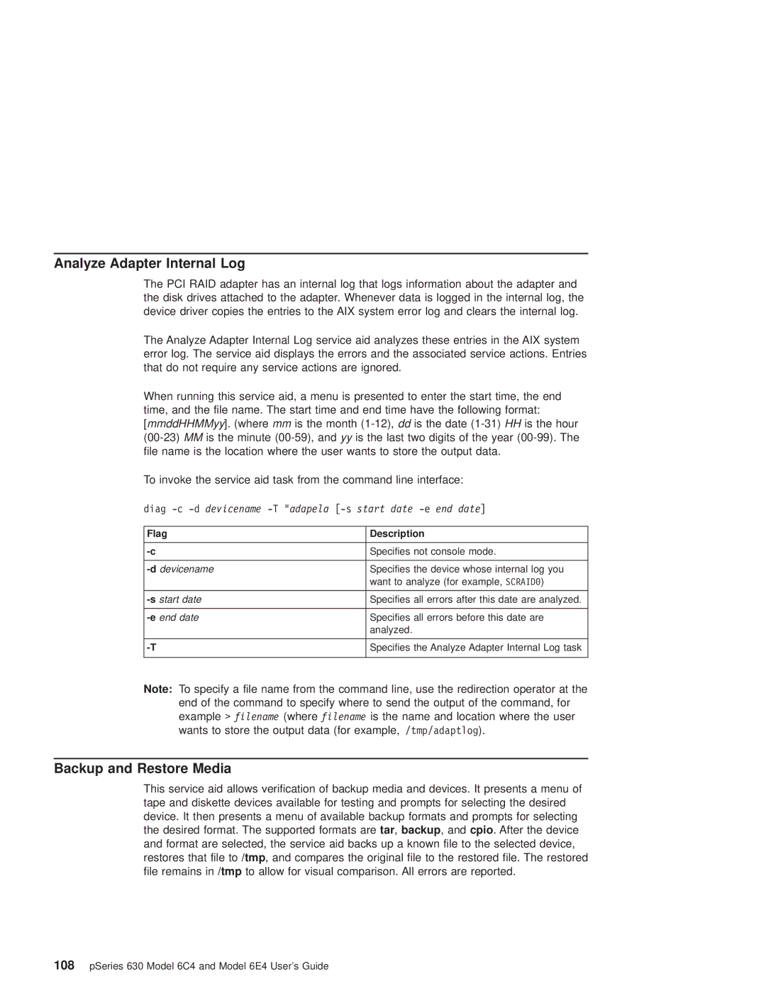 IBM 6C4, 6.00E+04 manual Analyze Adapter Internal Log, Backup and Restore Media, Flag Description 