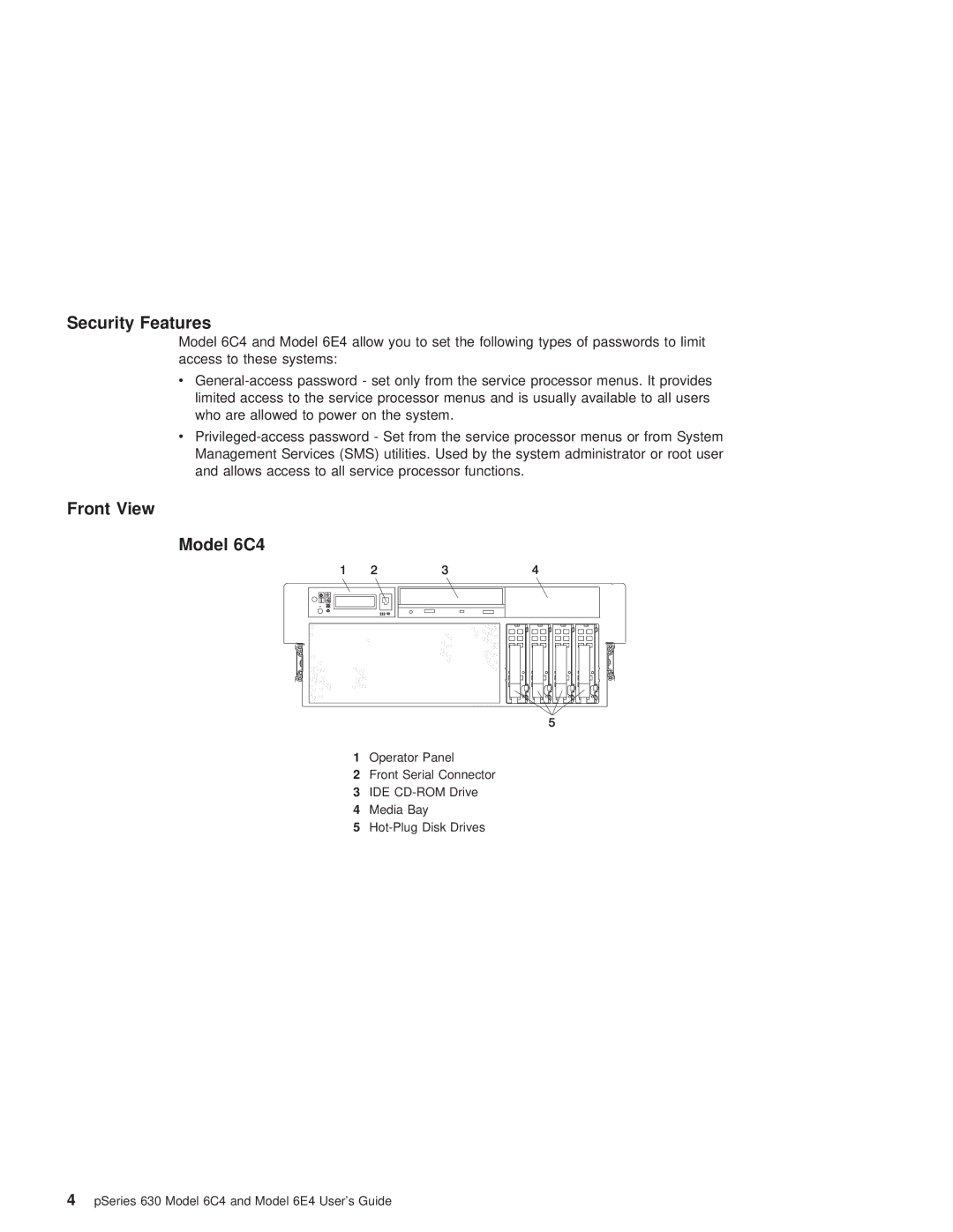 IBM 6.00E+04 manual Security Features, Front View Model 6C4 