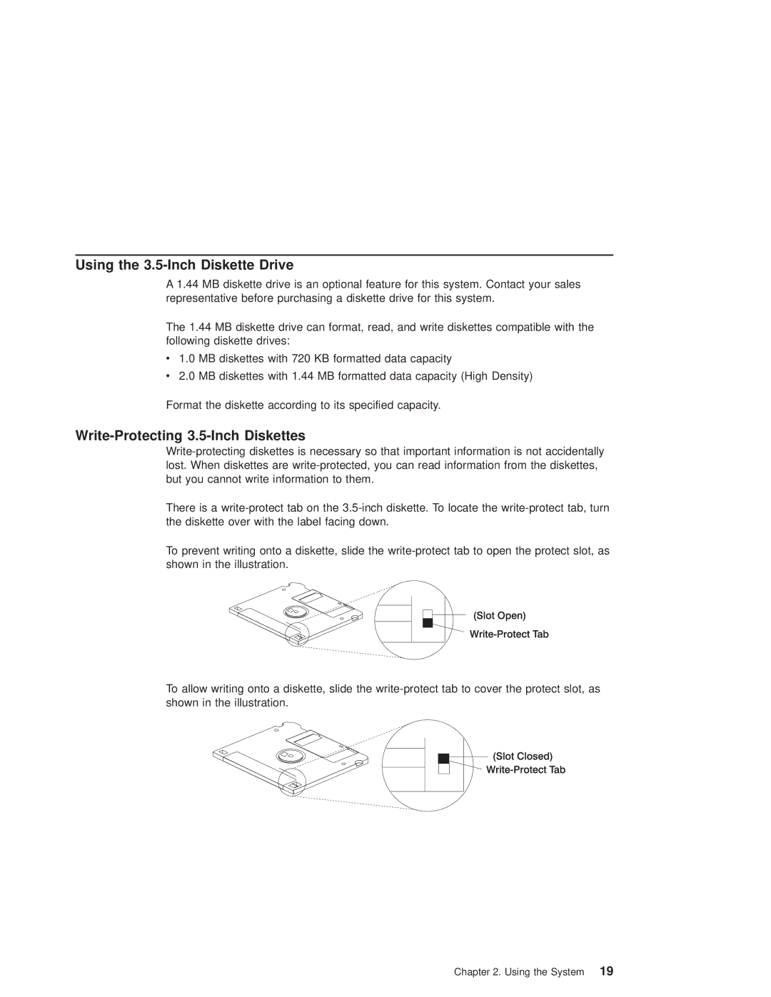 IBM 6.00E+04, 6C4 manual Using the 3.5-Inch Diskette Drive, Write-Protecting 3.5-Inch Diskettes 