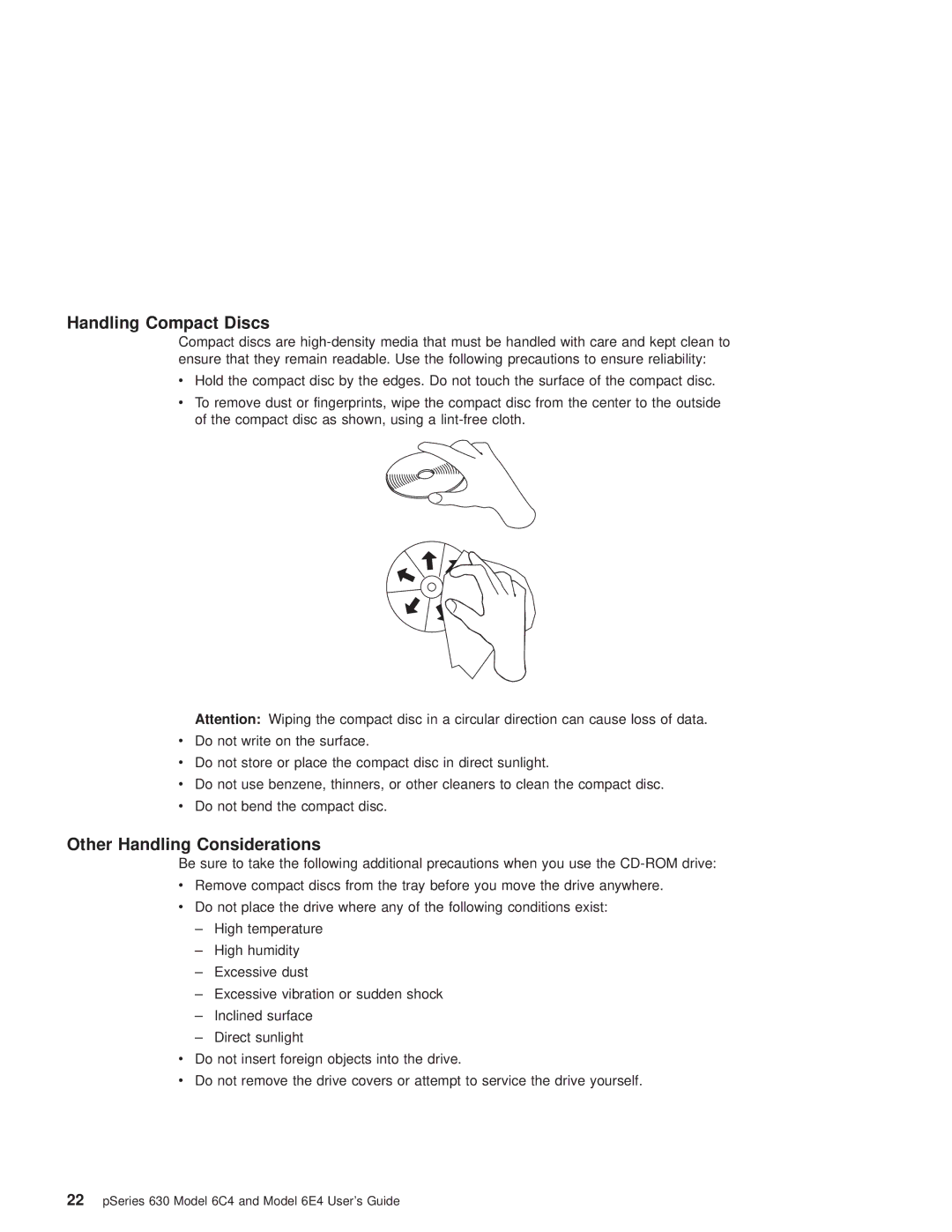 IBM 6C4, 6.00E+04 manual Handling Compact Discs, Other Handling Considerations 