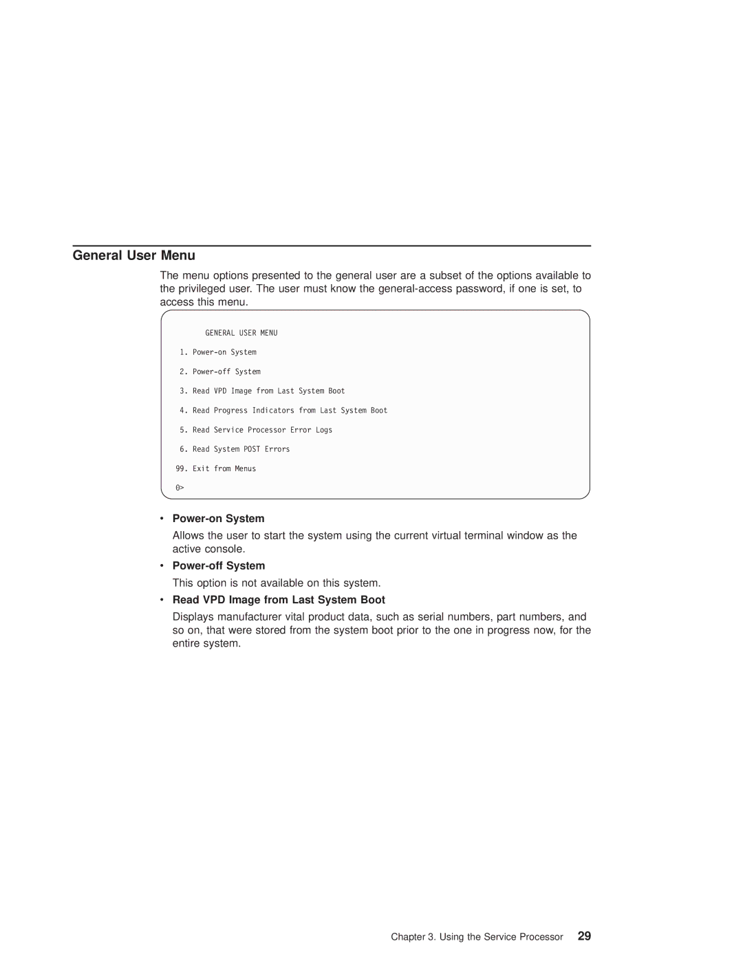 IBM 6.00E+04, 6C4 manual General User Menu, Power-on System, Power-off System, Read VPD Image from Last System Boot 