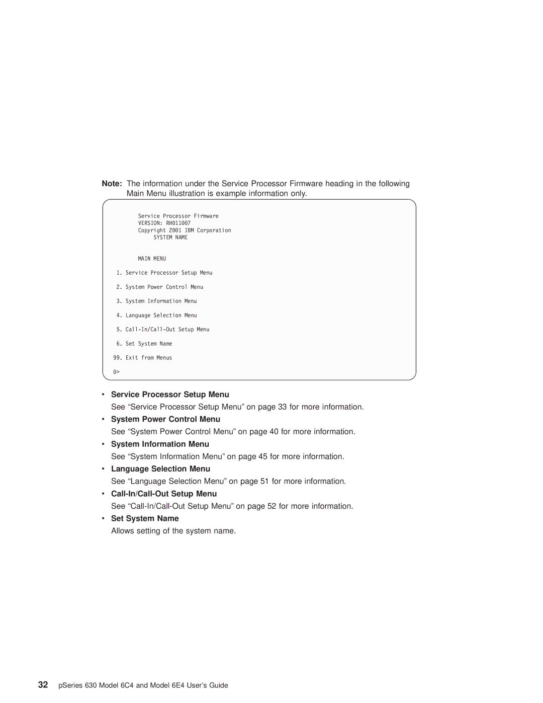 IBM 6C4 manual Service Processor Setup Menu, System Power Control Menu, System Information Menu, Language Selection Menu 