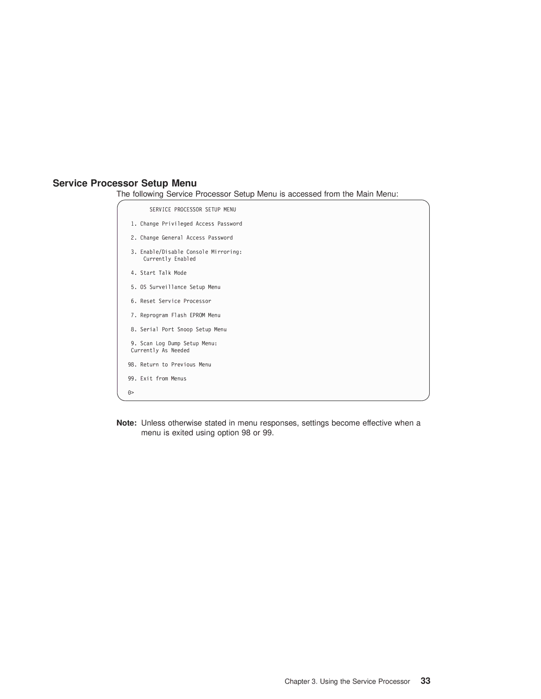 IBM 6.00E+04, 6C4 manual Service Processor Setup Menu 