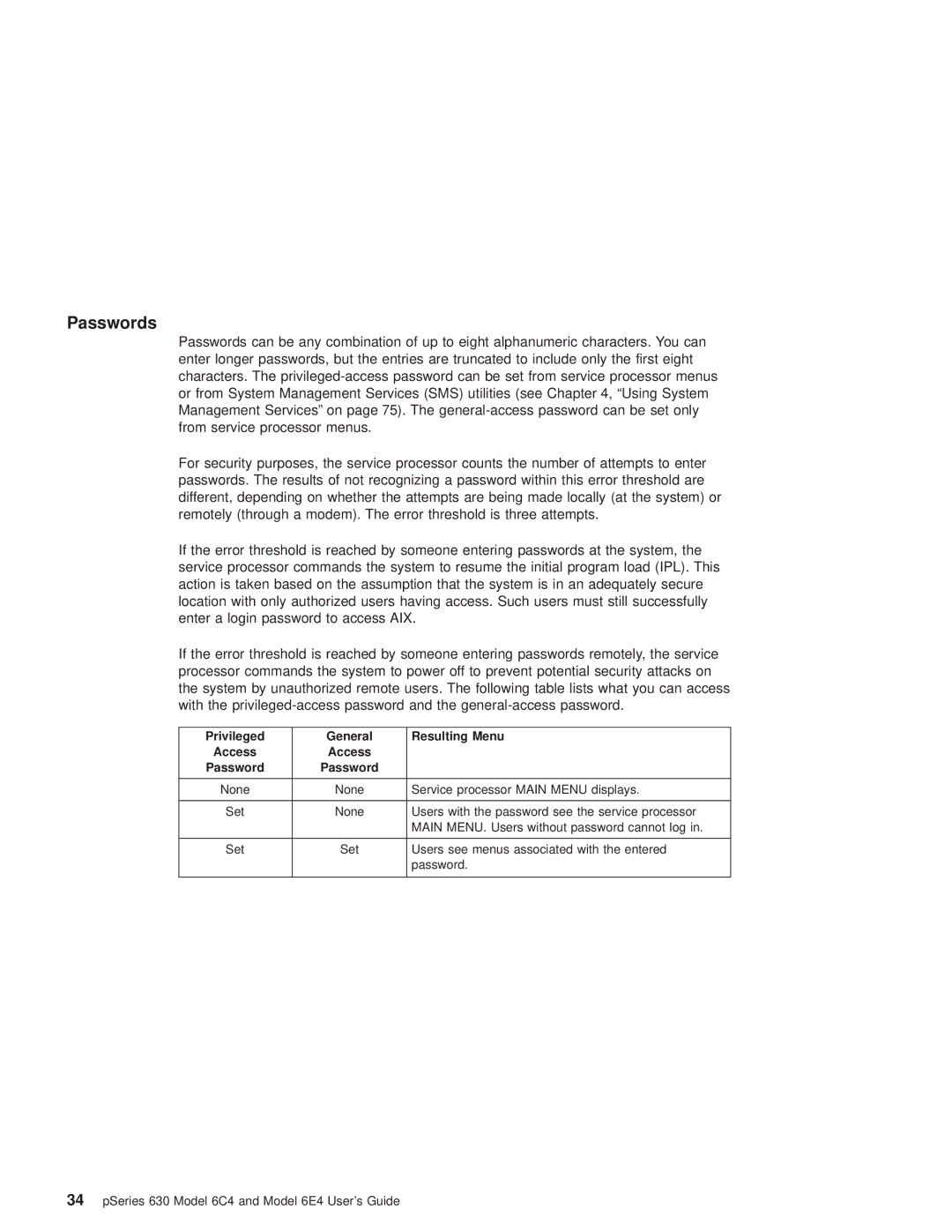 IBM 6C4, 6.00E+04 manual Passwords, Privileged General Resulting Menu 