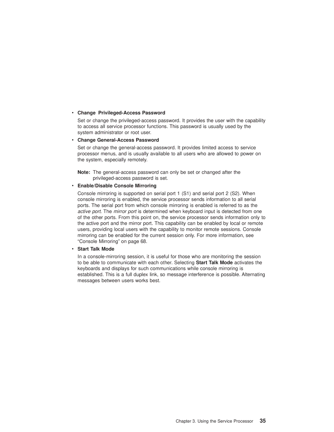 IBM 6.00E+04, 6C4 manual Change Privileged-Access Password, Change General-Access Password, Enable/Disable Console Mirroring 