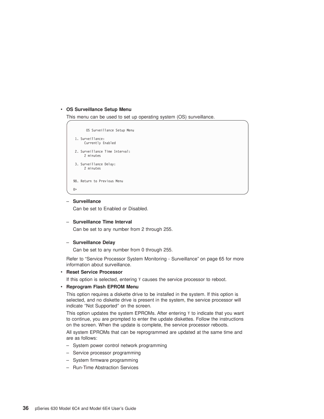 IBM 6C4 manual OS Surveillance Setup Menu, ± Surveillance Time Interval, ± Surveillance Delay, Reset Service Processor 