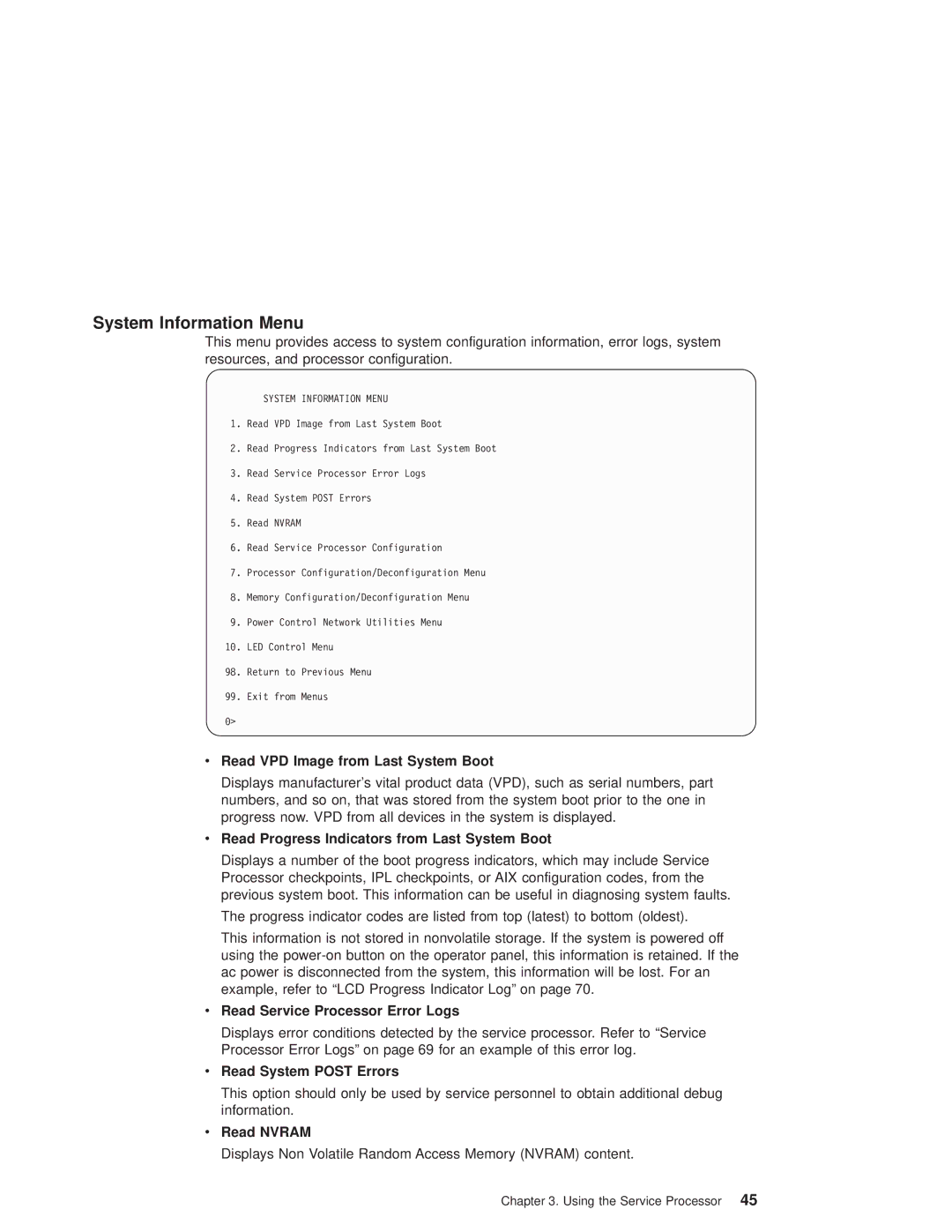 IBM 6.00E+04, 6C4 manual System Information Menu, Read Nvram 