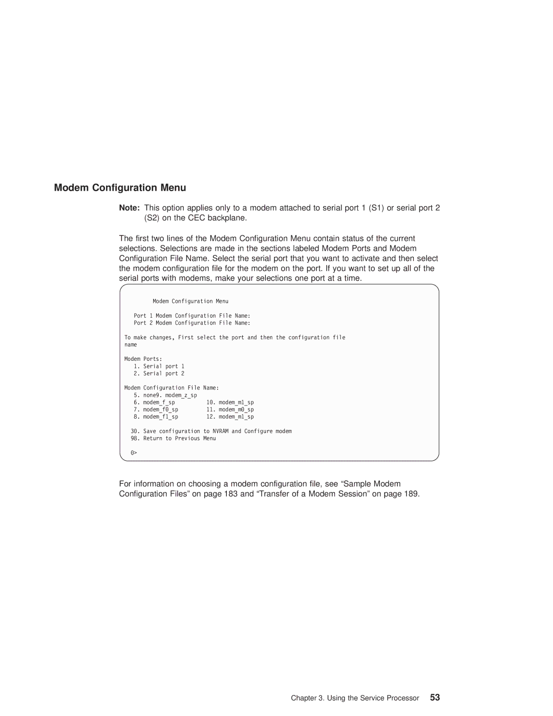 IBM 6.00E+04, 6C4 manual Modem Configuration Menu 