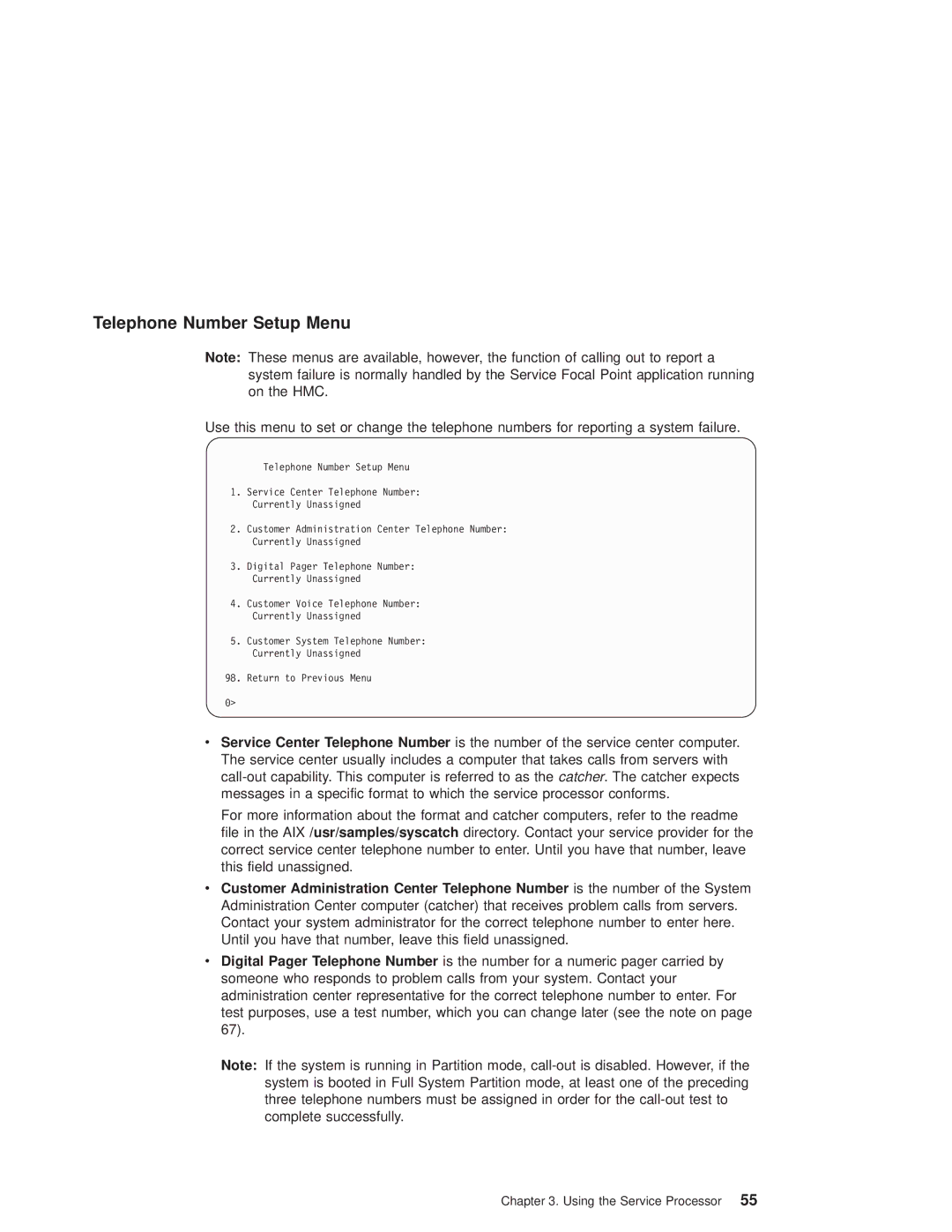 IBM 6.00E+04, 6C4 manual Telephone Number Setup Menu 