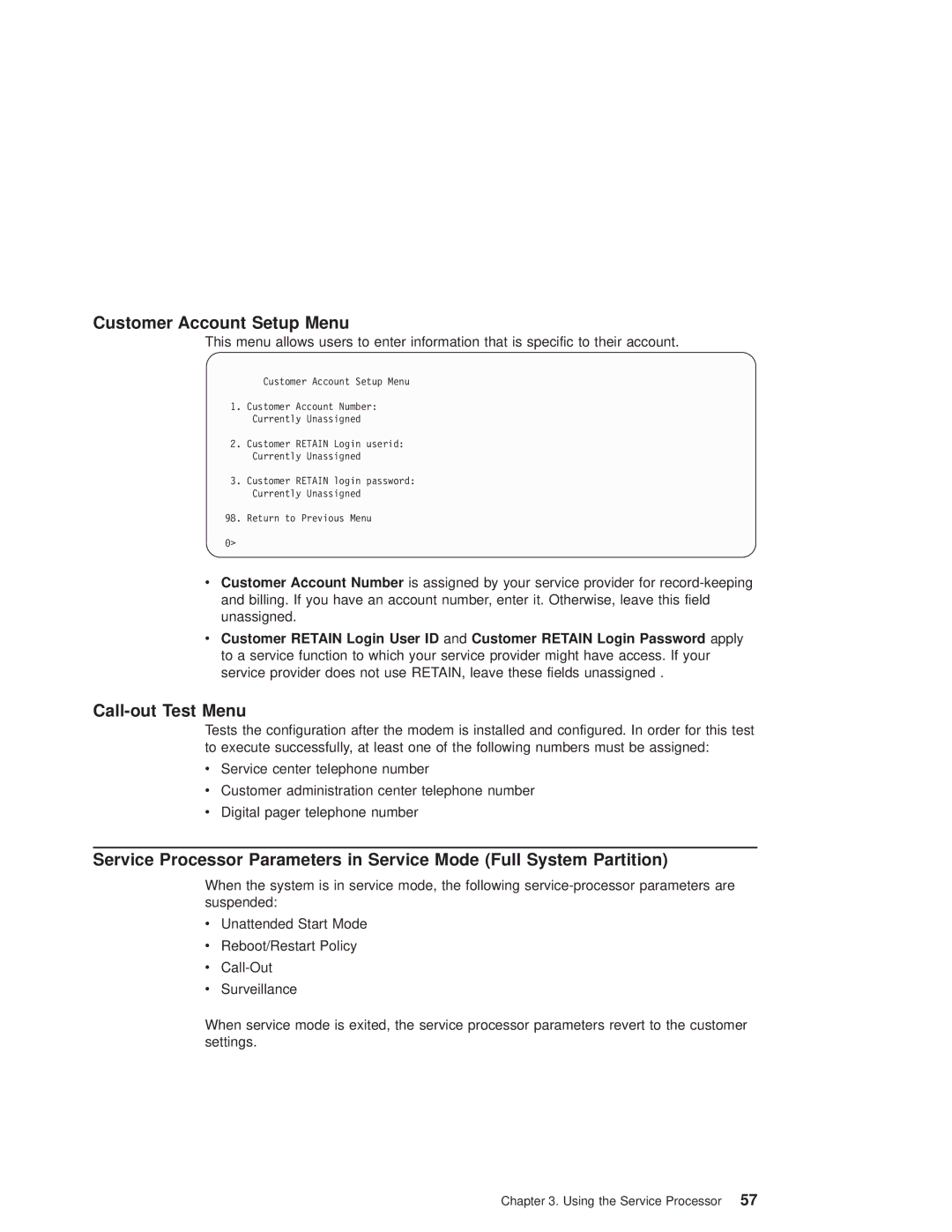 IBM 6.00E+04, 6C4 manual Customer Account Setup Menu, Call-out Test Menu 