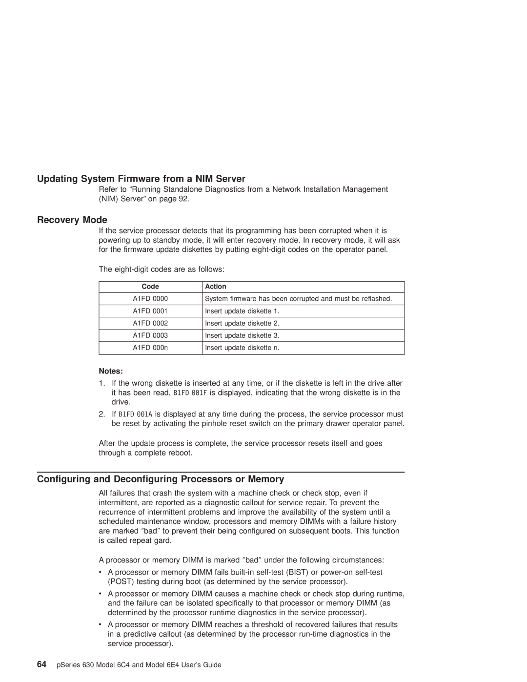 IBM 6C4 Updating System Firmware from a NIM Server, Recovery Mode, Configuring and Deconfiguring Processors or Memory 
