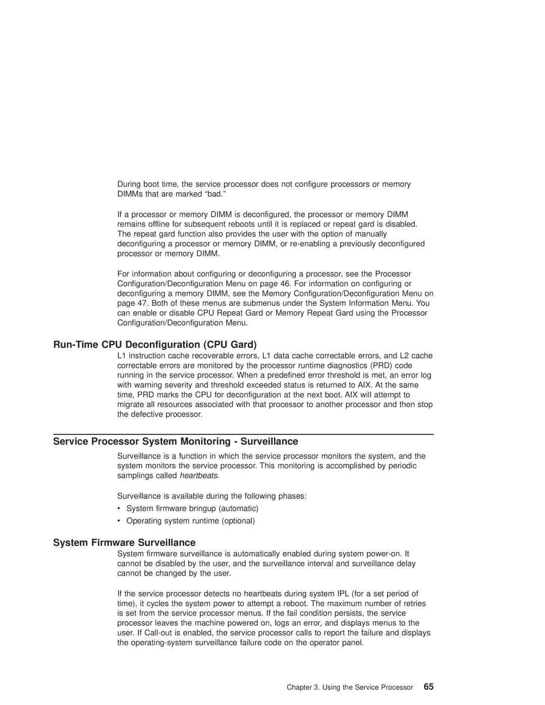 IBM 6.00E+04, 6C4 manual Run-Time CPU Deconfiguration CPU Gard, Service Processor System Monitoring Surveillance 