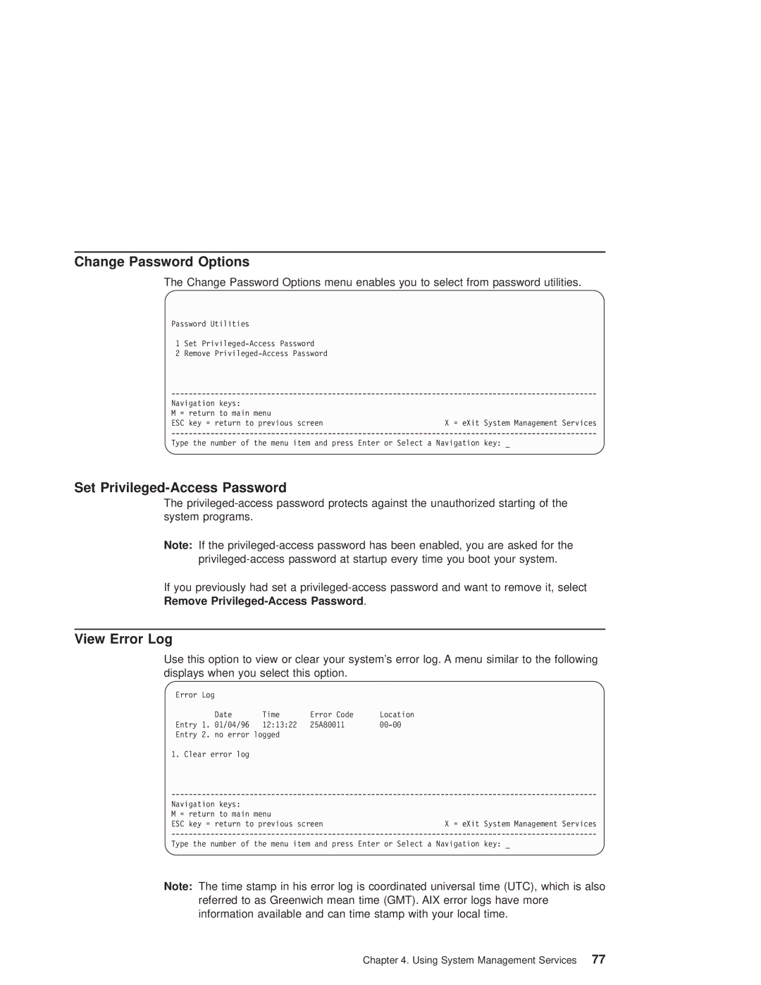 IBM 6.00E+04, 6C4 manual Change Password Options, Set Privileged-Access Password, View Error Log, Esc 