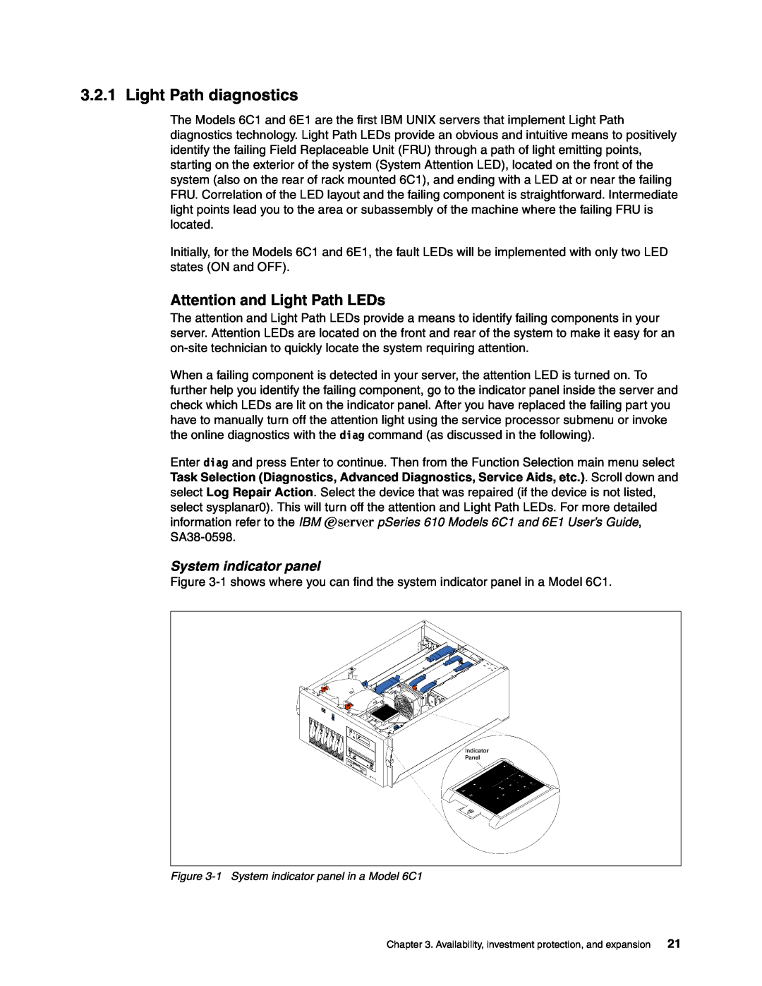 IBM 610, 6E1, 6C1 manual Light Path diagnostics, Attention and Light Path LEDs, System indicator panel 