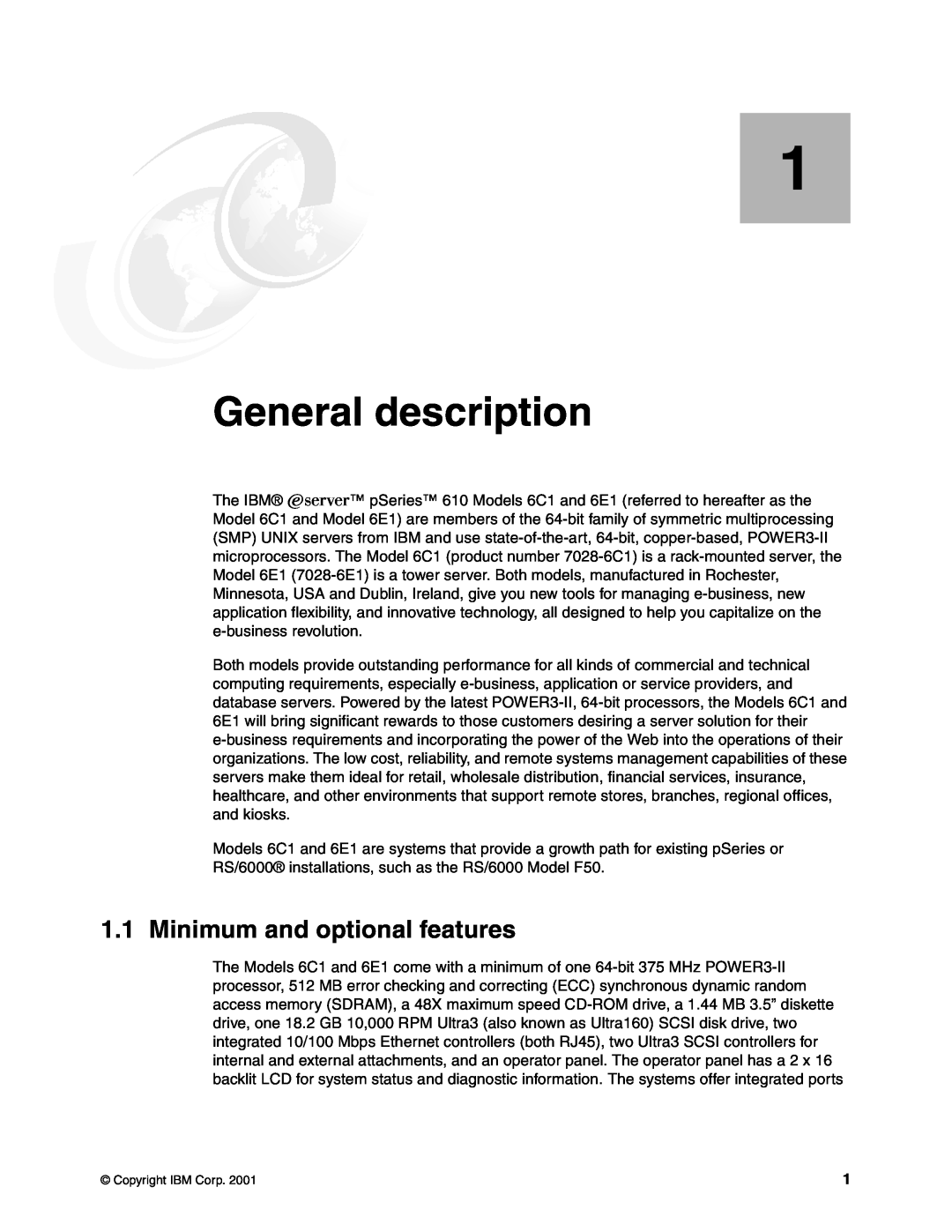 IBM 6E1, 6C1, 610 manual General description, Minimum and optional features 