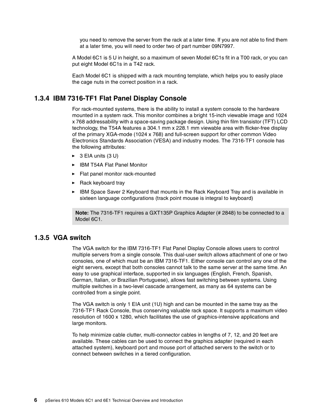 IBM 610, 6E1, 6C1 manual IBM 7316-TF1 Flat Panel Display Console, VGA switch 