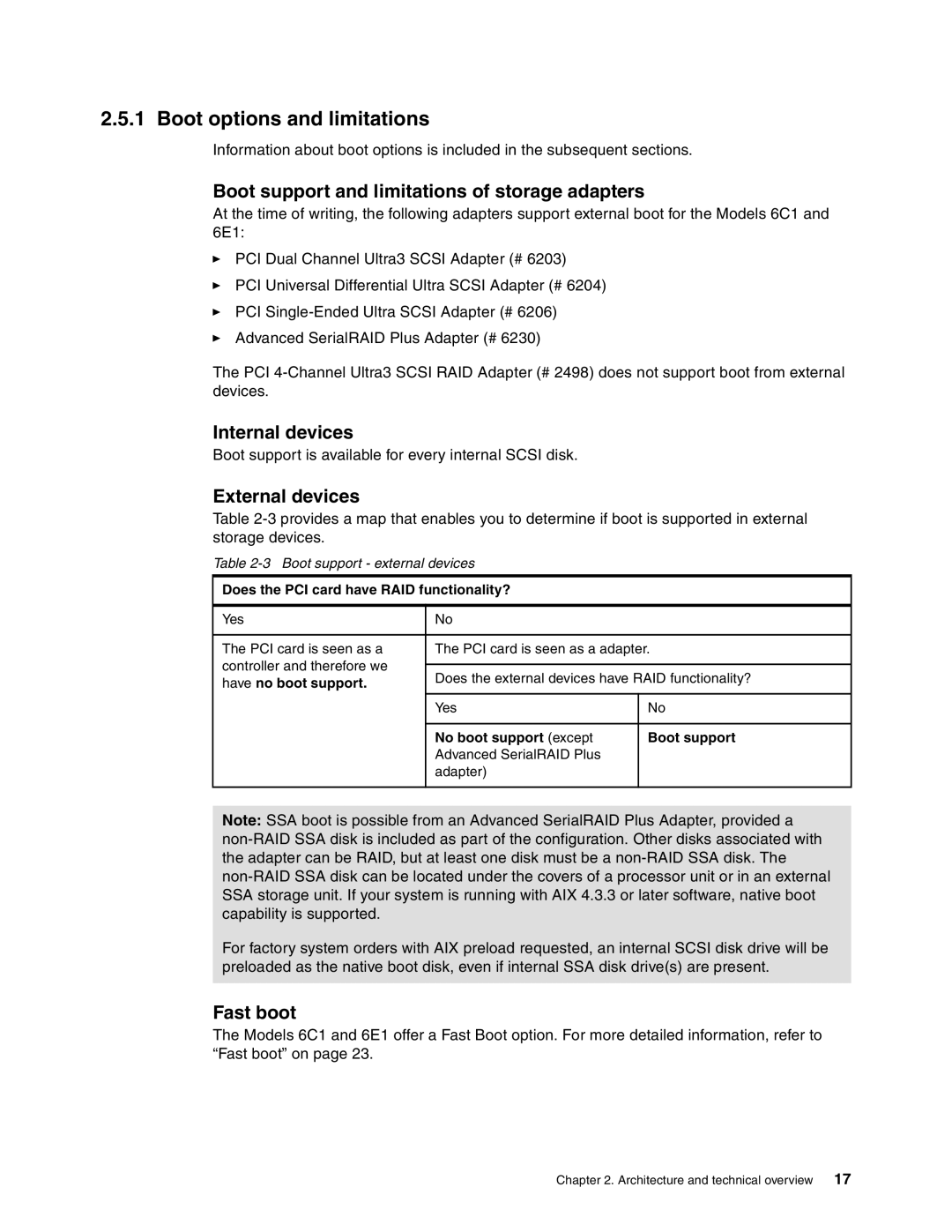 IBM 6C1 Boot options and limitations, Boot support and limitations of storage adapters, Internal devices, External devices 