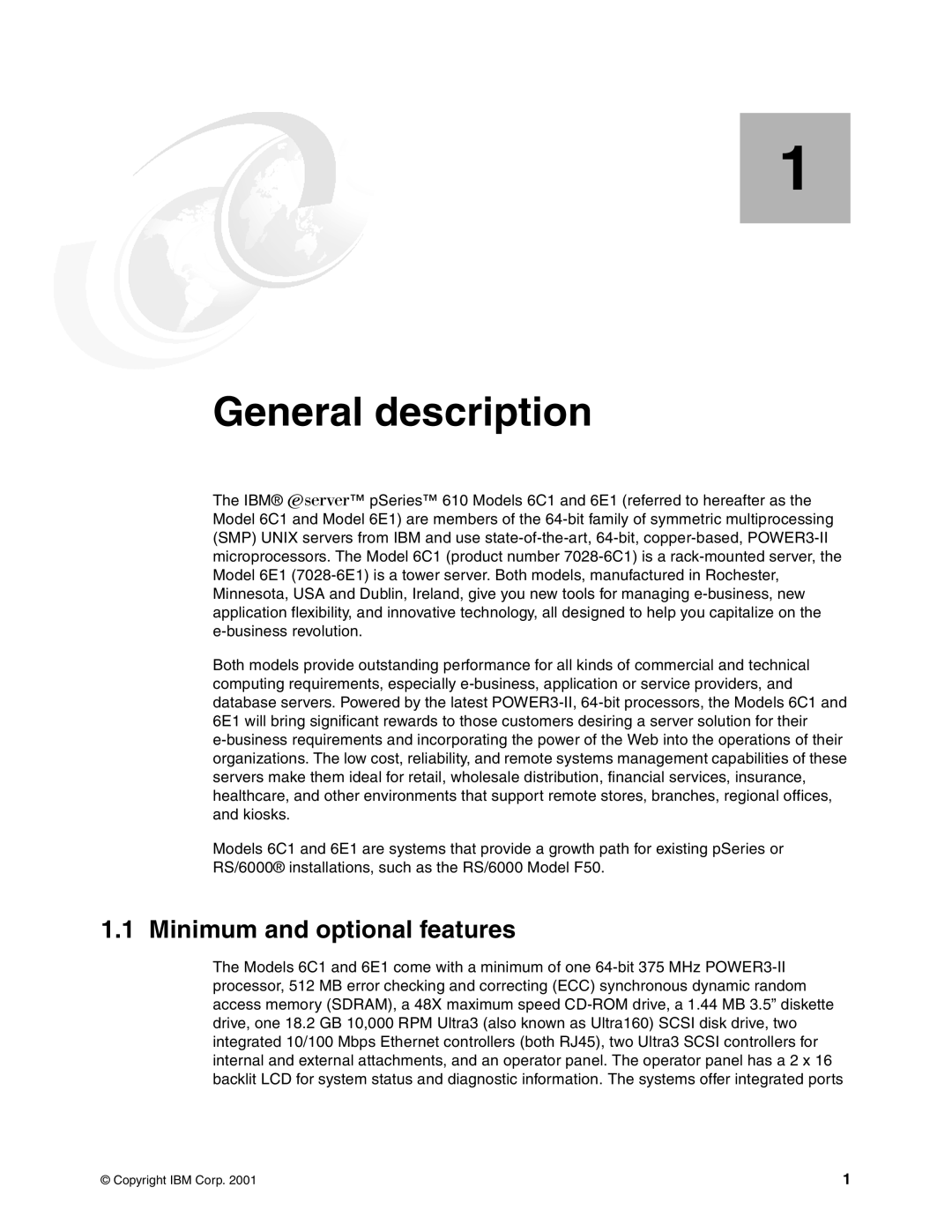 IBM 6E1, 6C1, 610 manual General description, Minimum and optional features 