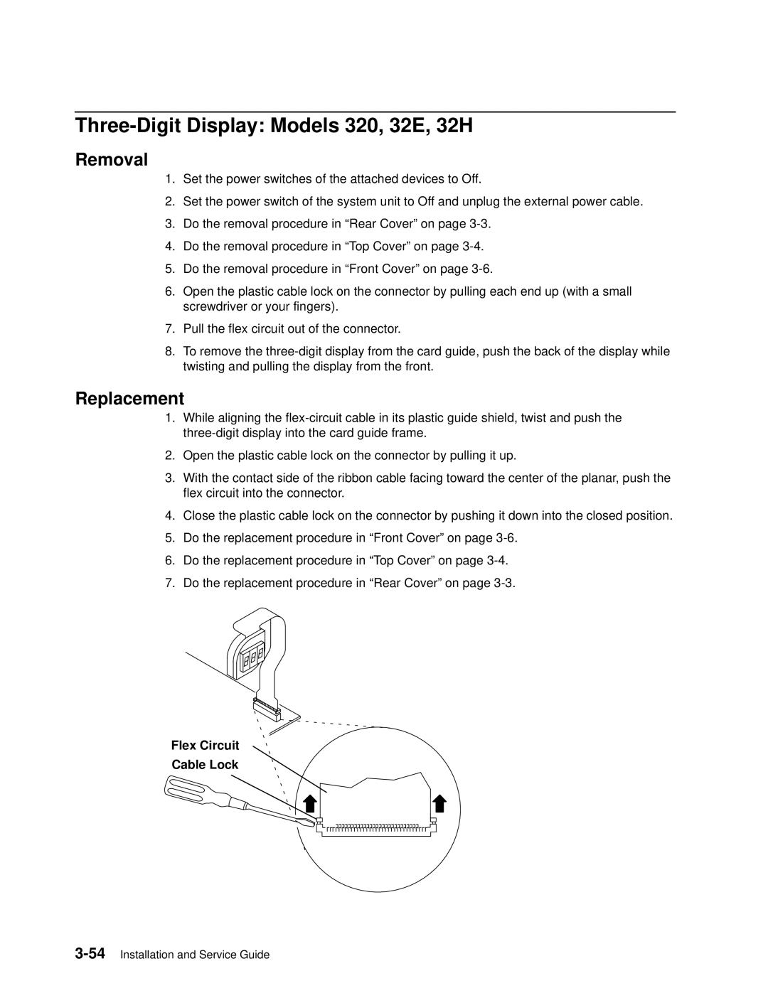 IBM 7012 manual Three-Digit Display Models 320, 32E, 32H, Flex Circuit Cable Lock 