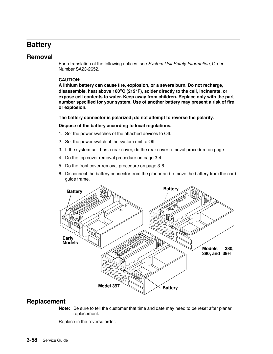 IBM 7012 manual Battery Early Models Models 380, 390, and 39H 