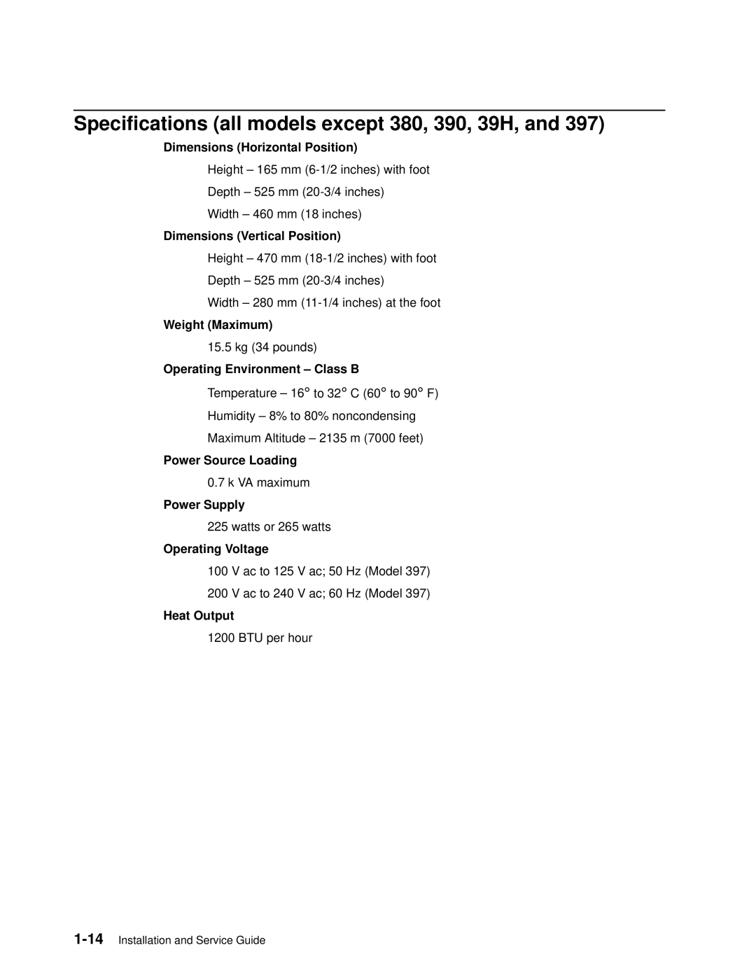 IBM 7012 manual Specifications all models except 380, 390, 39H 